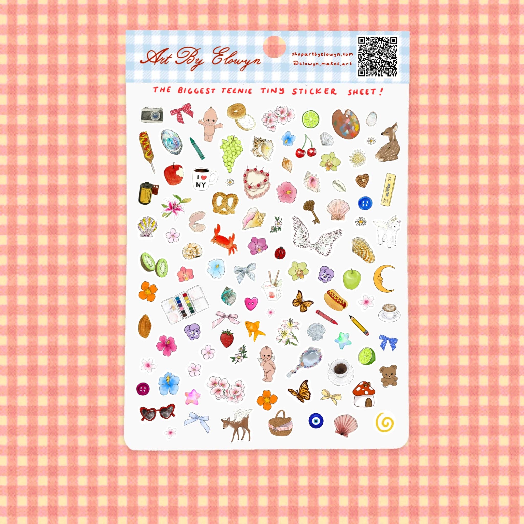Sheet of small stickers on a pink and yellow checkered background