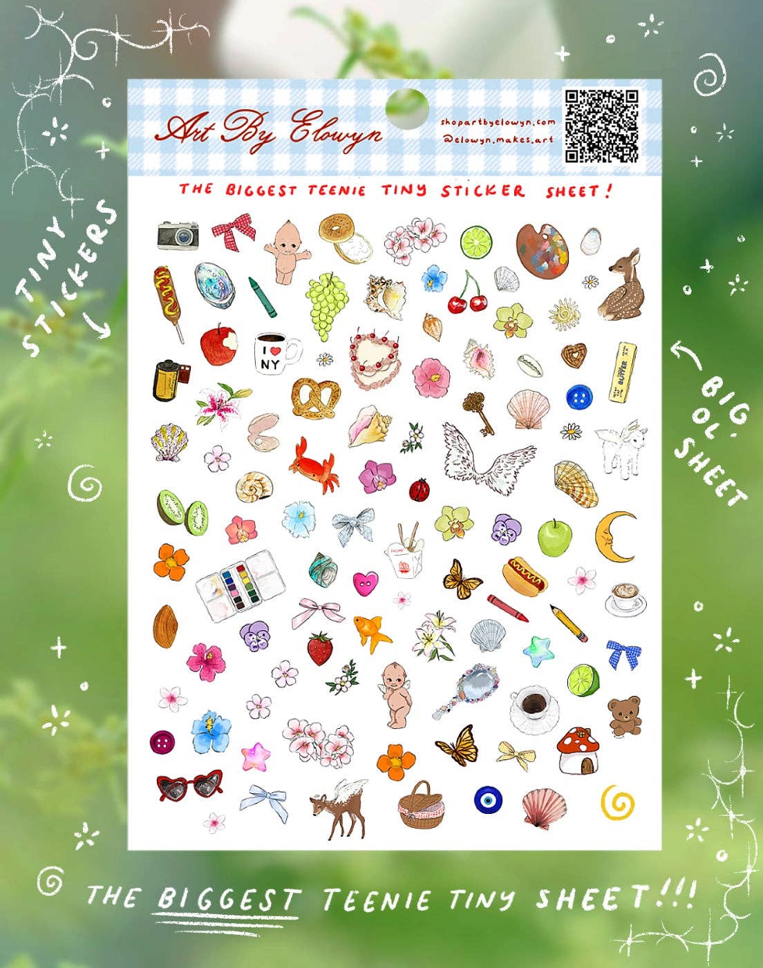 Sticker sheet with various small illustrations on a green background
