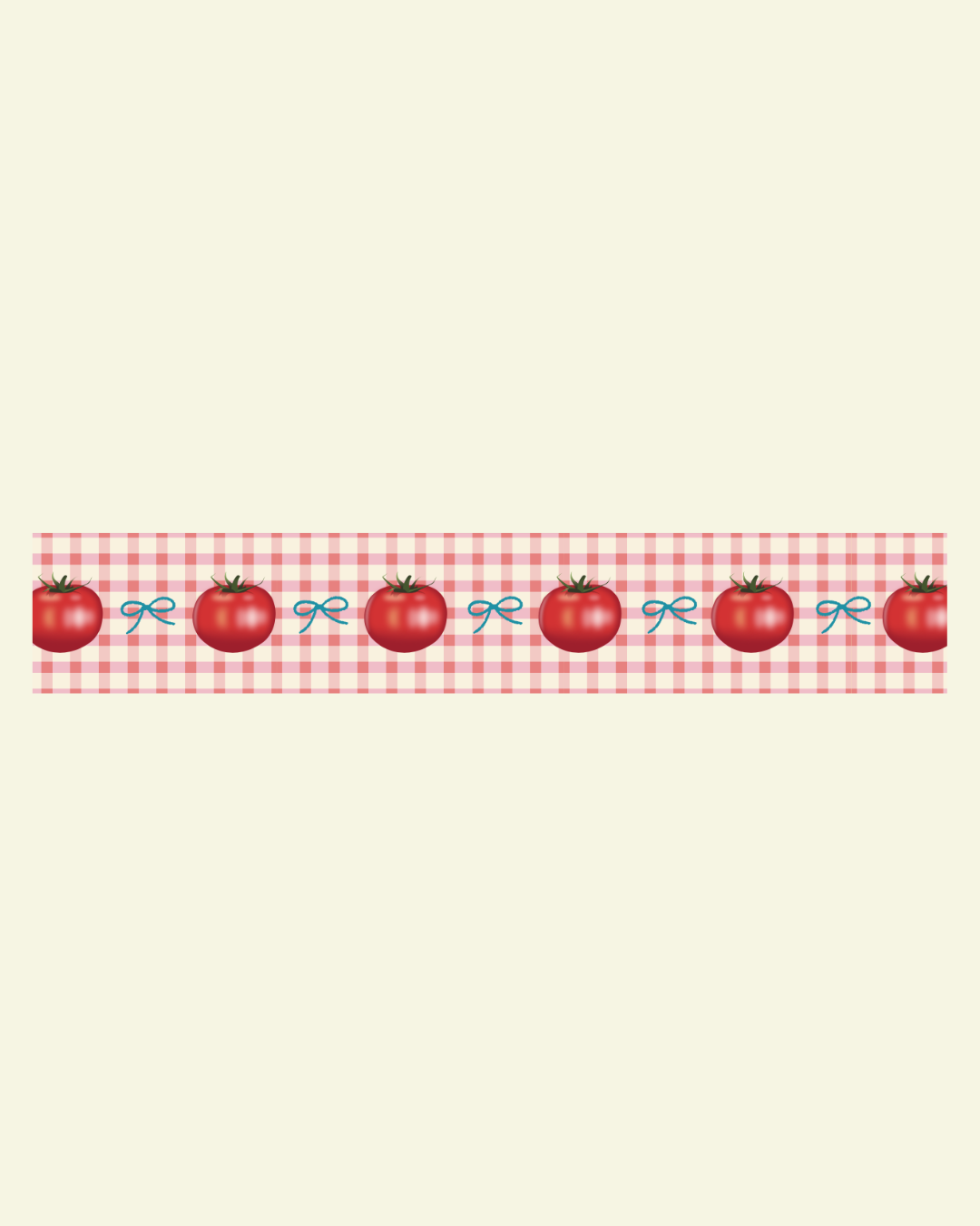 Decorative border with red tomatoes and green leaves on a red and white checkered background