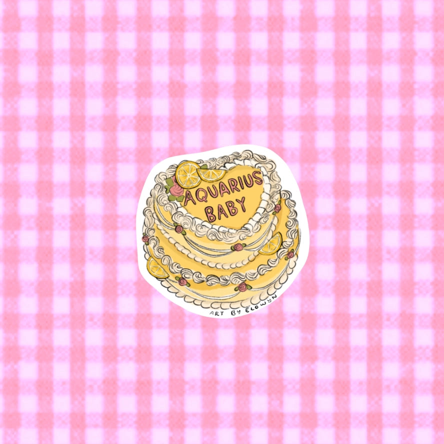 Illustration of a cake with 'Aquarius Baby' text on a pink checkered background