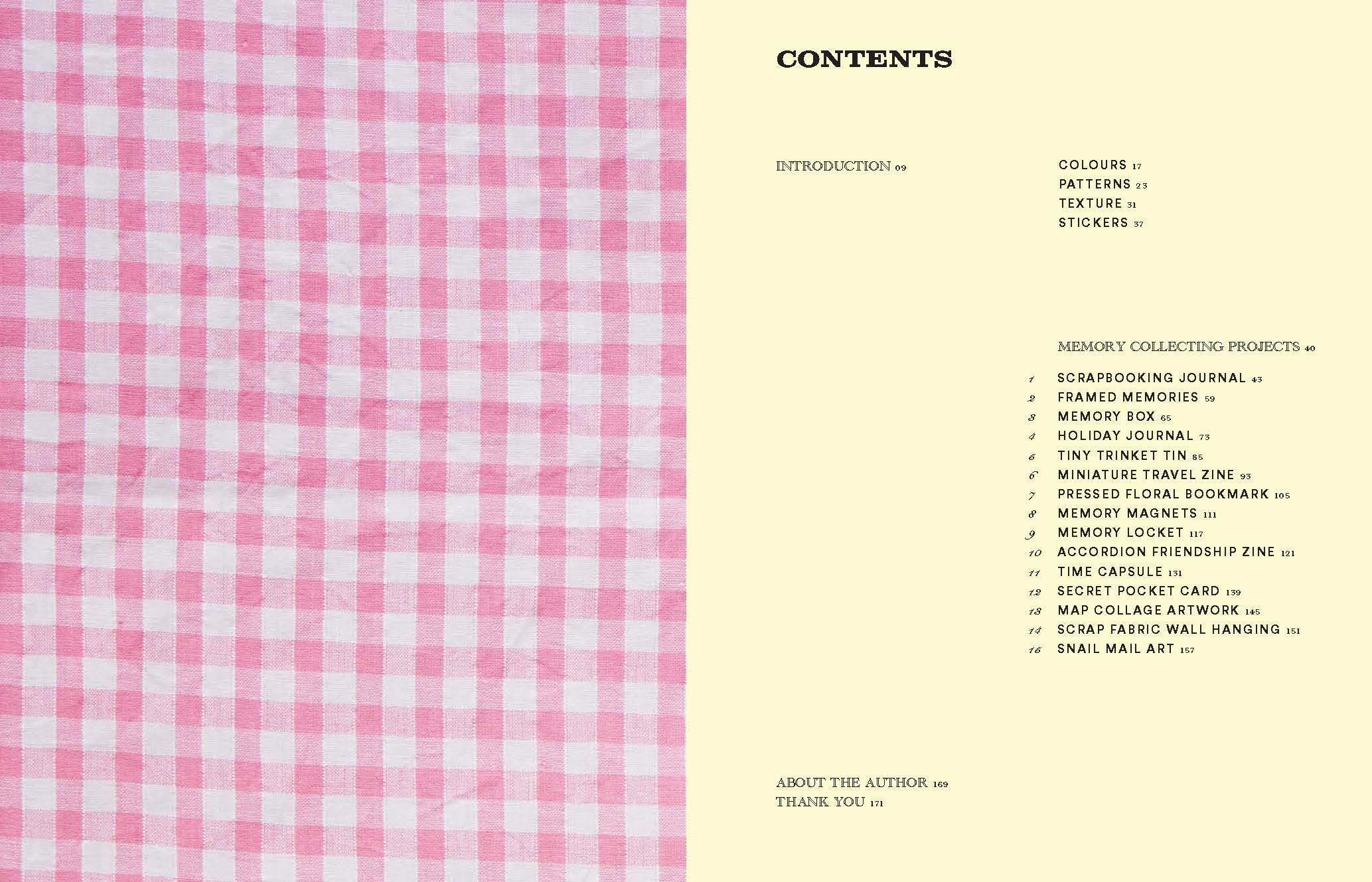 Table of contents with pink and white checkered pattern on the left and text on the right.