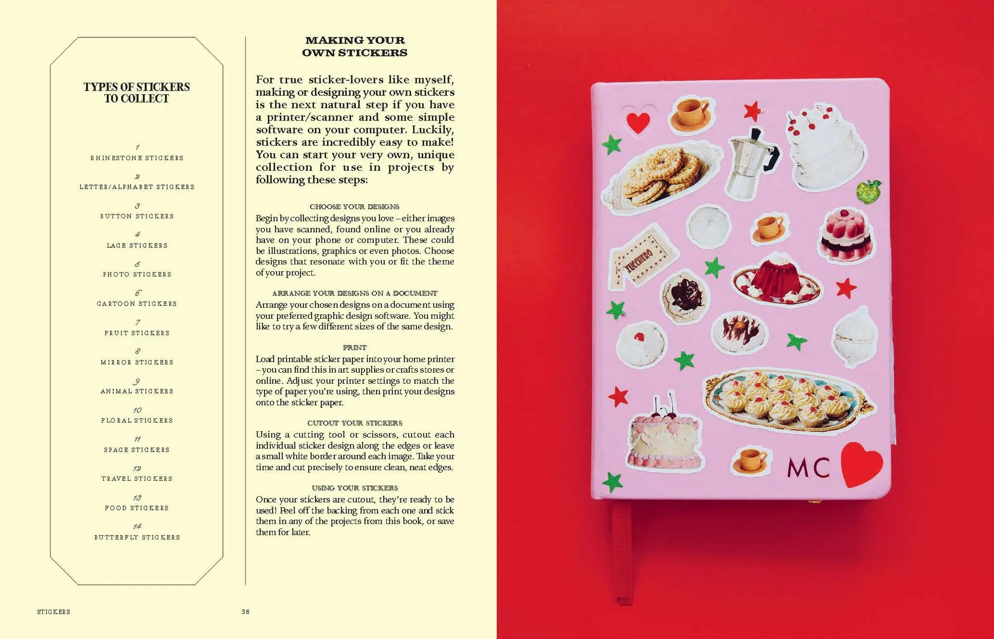 Book open to a page about making your own stickers with a pink notebook featuring various stickers on a red background.
