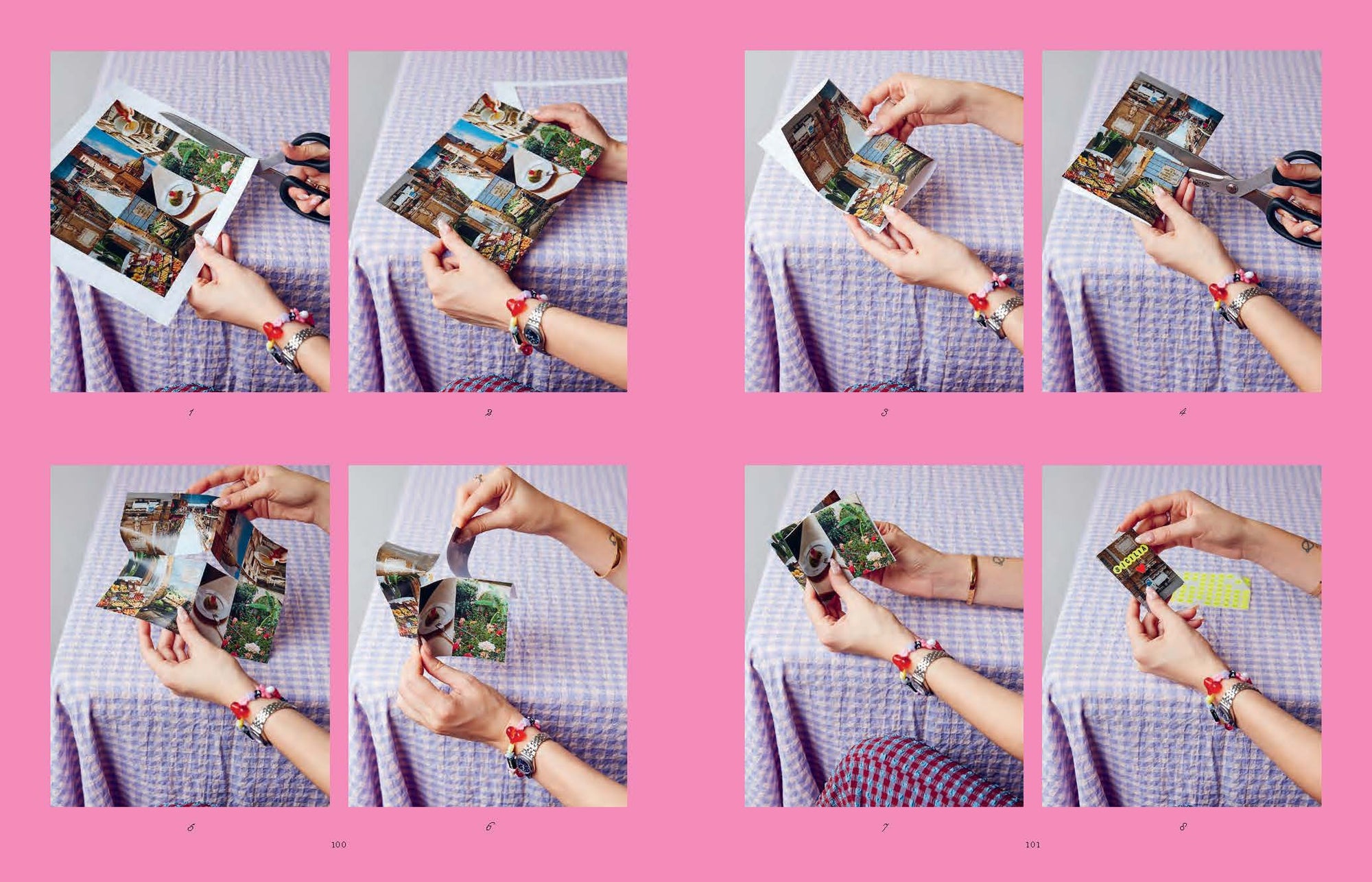 Collage of hands holding photo albums with pictures on a pink background