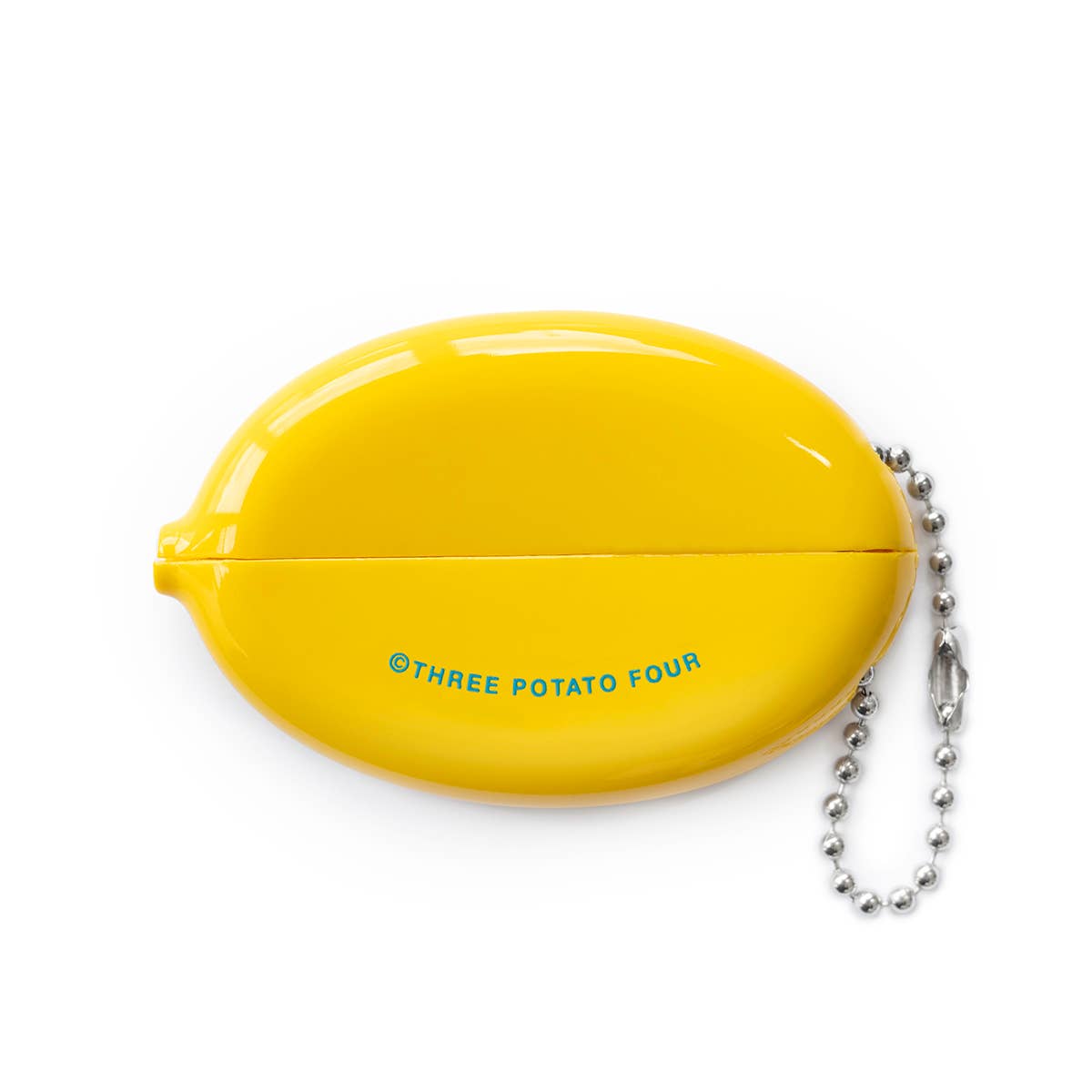 Yellow oval container with chain, featuring 'Three Potato Four' branding, on a white background.