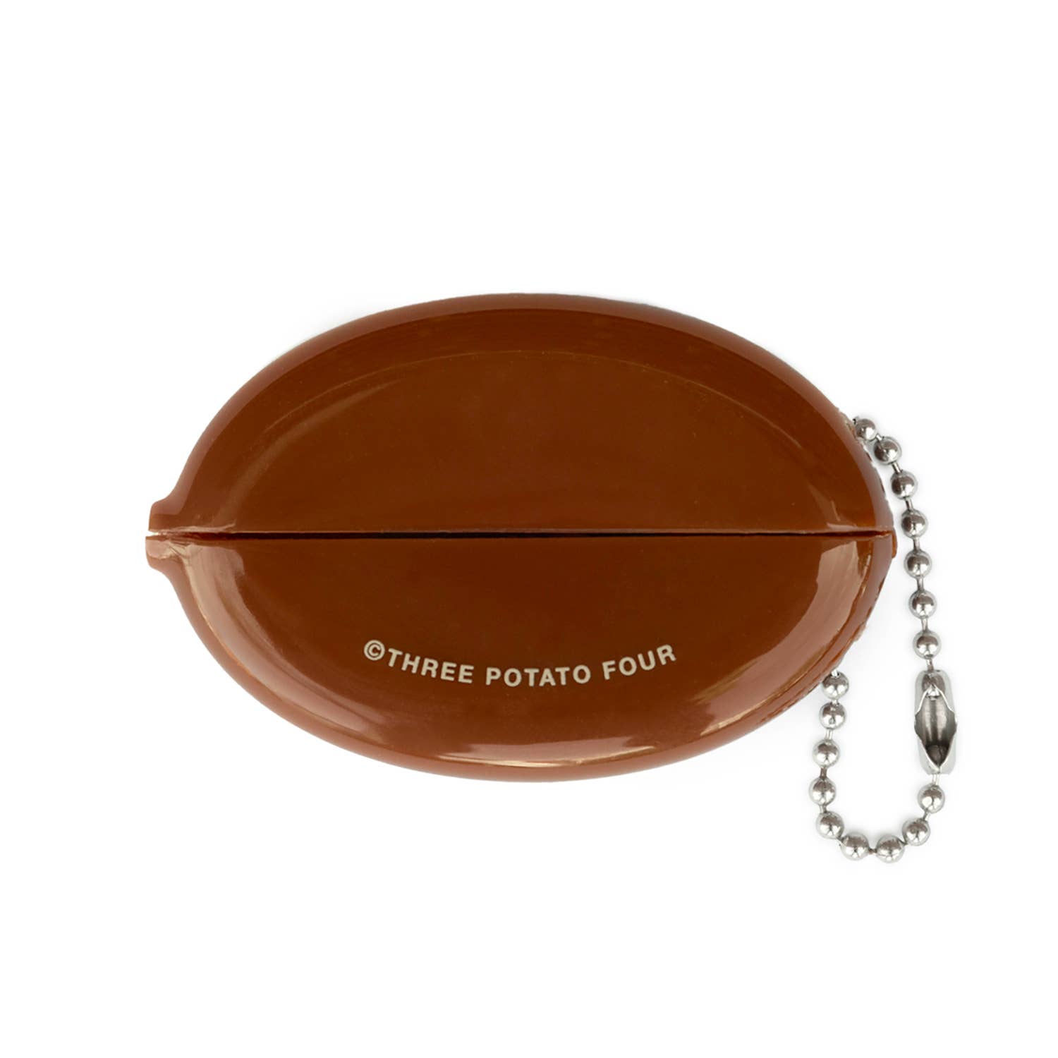 Brown container with a chain on a white background, featuring 'Three Potato Four' branding.
