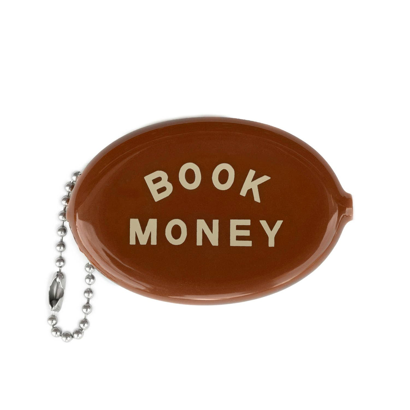 Brown coin purse with 'BOOK MONEY' text on a white background