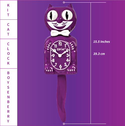 Purple cat-shaped clock with measurement details on a purple background