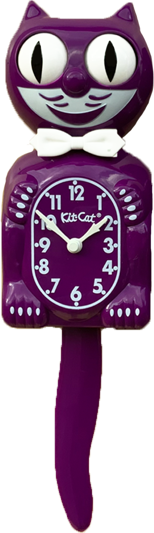 Purple cat-shaped clock with a white face on a white background