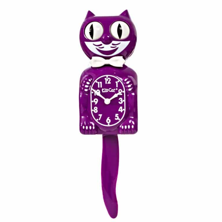 Purple cat-shaped clock on a white background