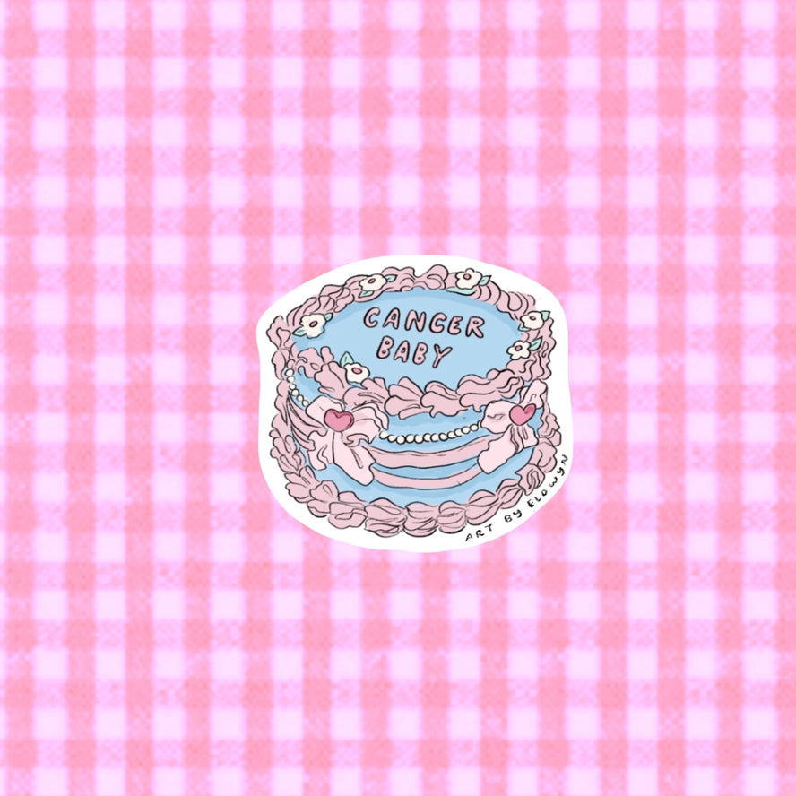 Sticker with 'Cancer Baby' text on a pink and white checkered background