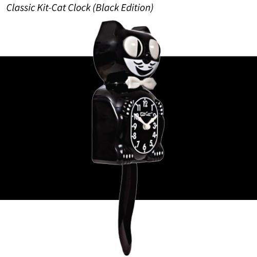 Black cat-shaped clock with a white face on a white background