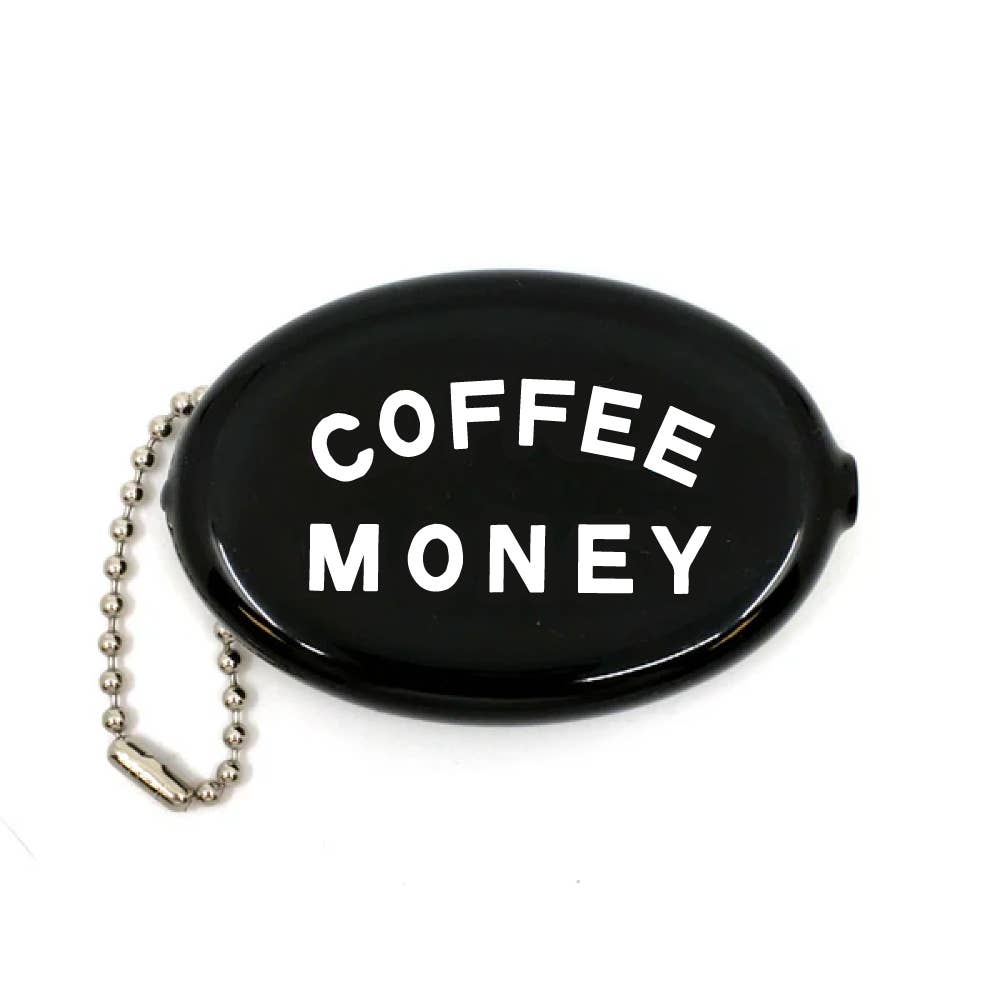 Black coin purse with 'COFFEE MONEY' text on a white background