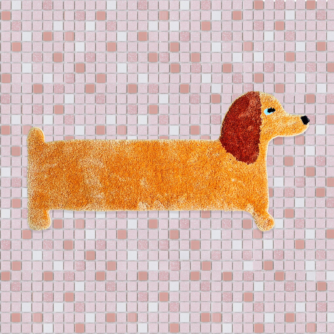 Doormat shaped like a dachshund on a pink tiled floor