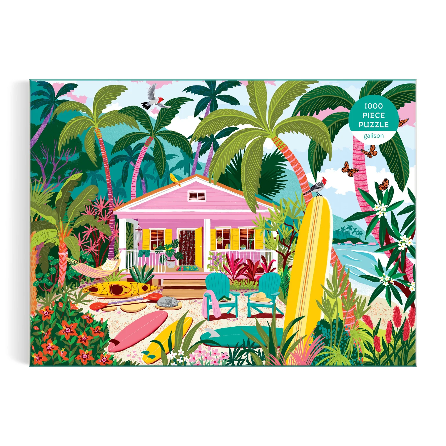 Tropical beach house scene with palm trees and a pink hut on a puzzle packaging.