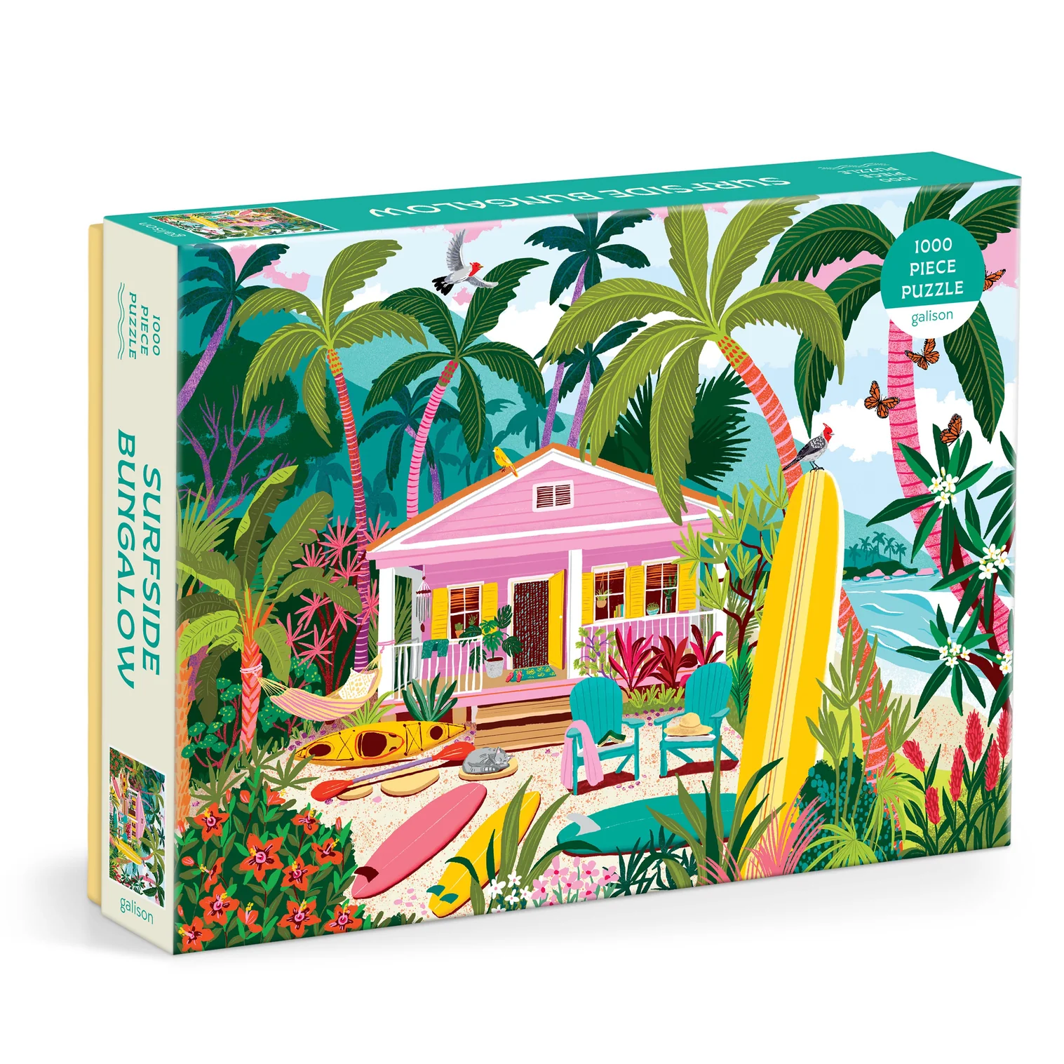 Jigsaw puzzle box with a tropical scene featuring a pink bungalow, palm trees, and beach elements.