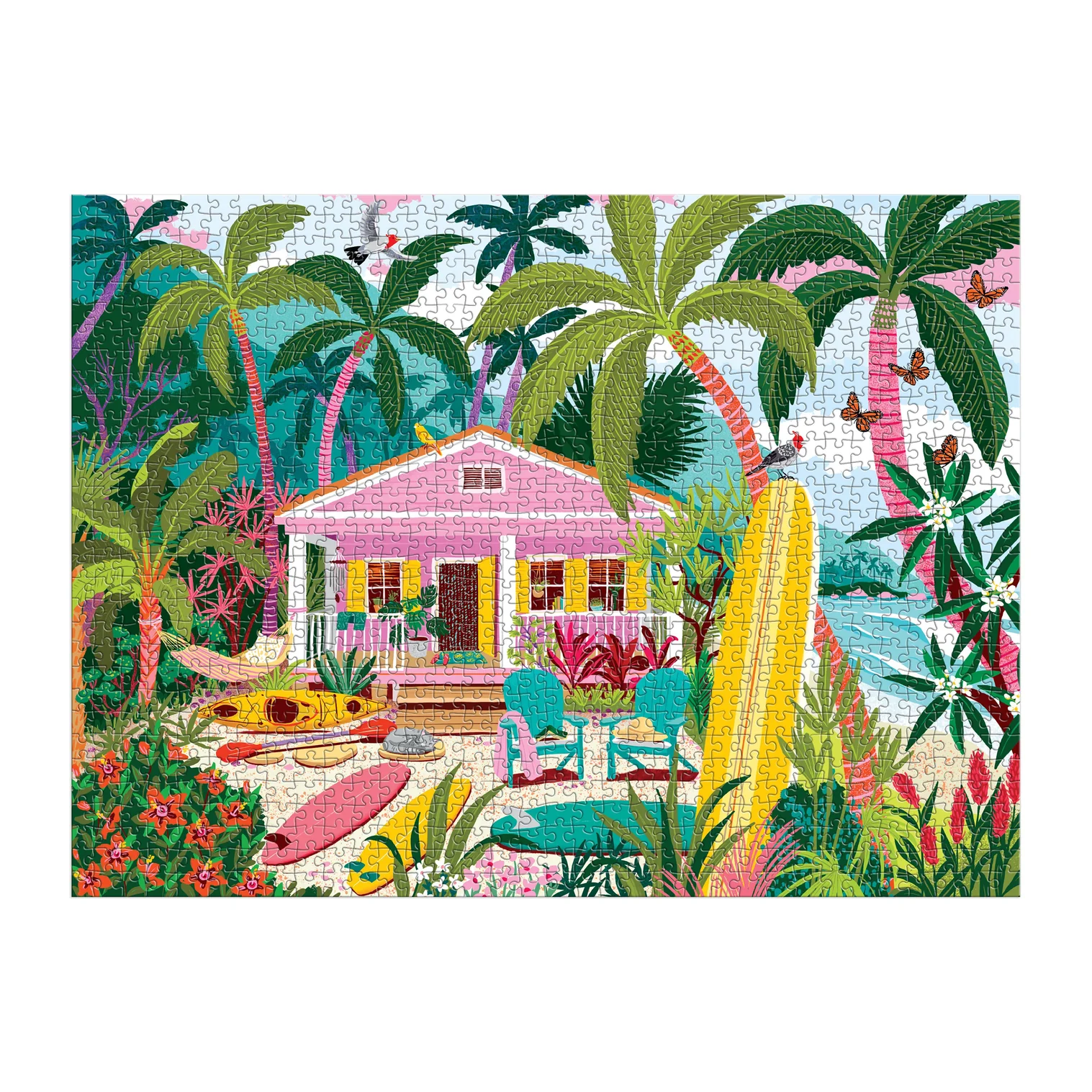 Colorful illustration of a tropical house with palm trees and outdoor furniture.