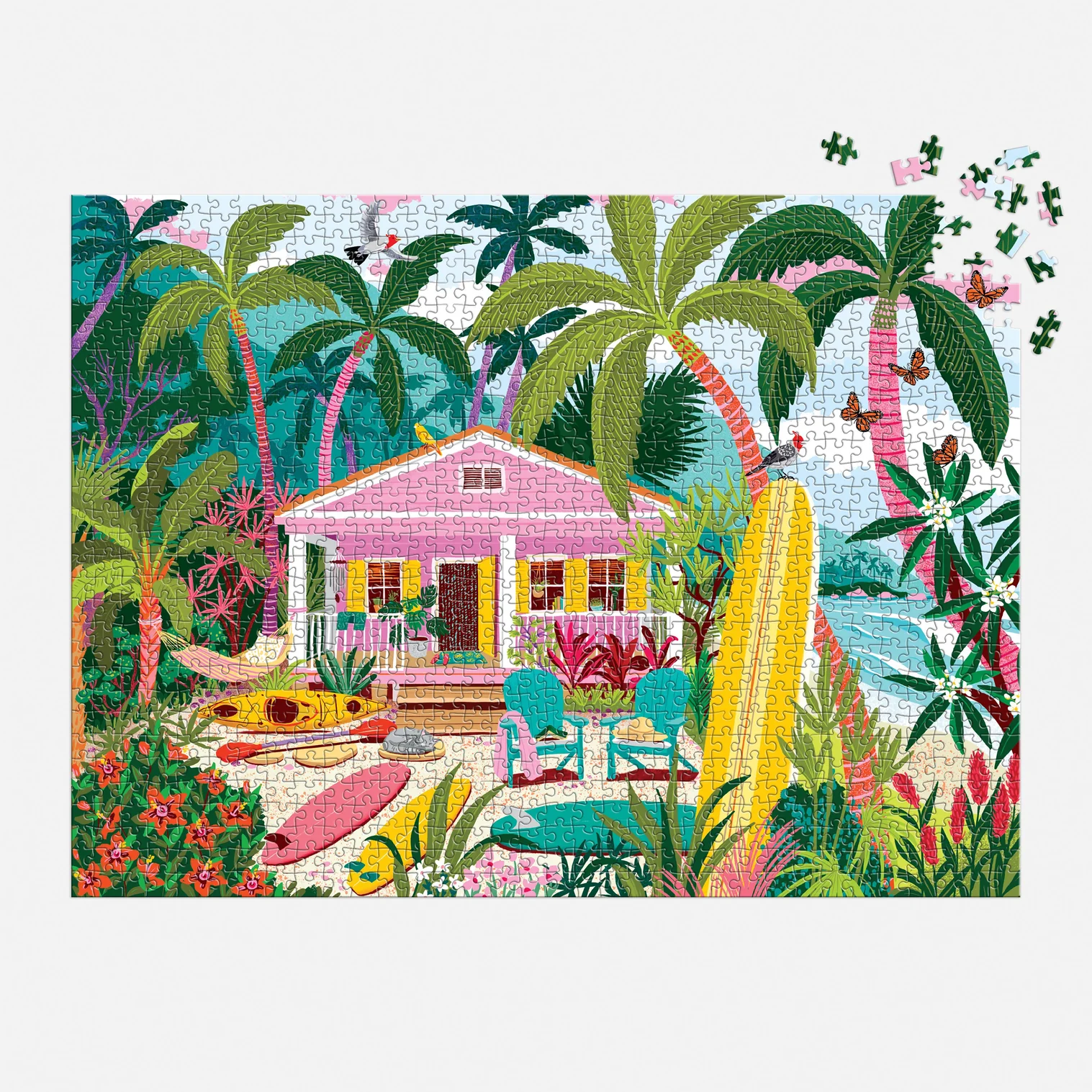 Colorful illustration of a tropical house with palm trees and flowers