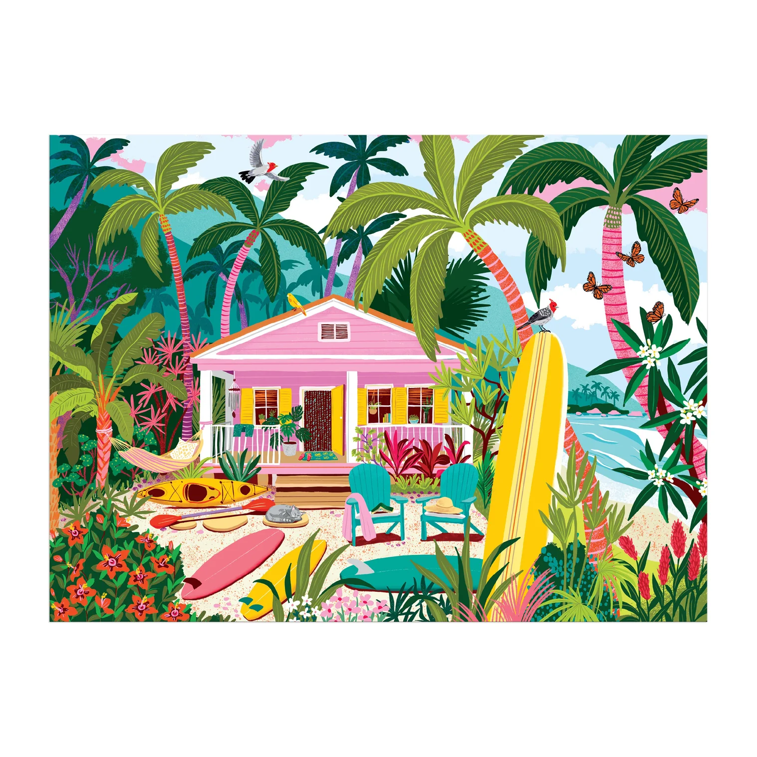Colorful illustration of a tropical house with palm trees and outdoor furniture.