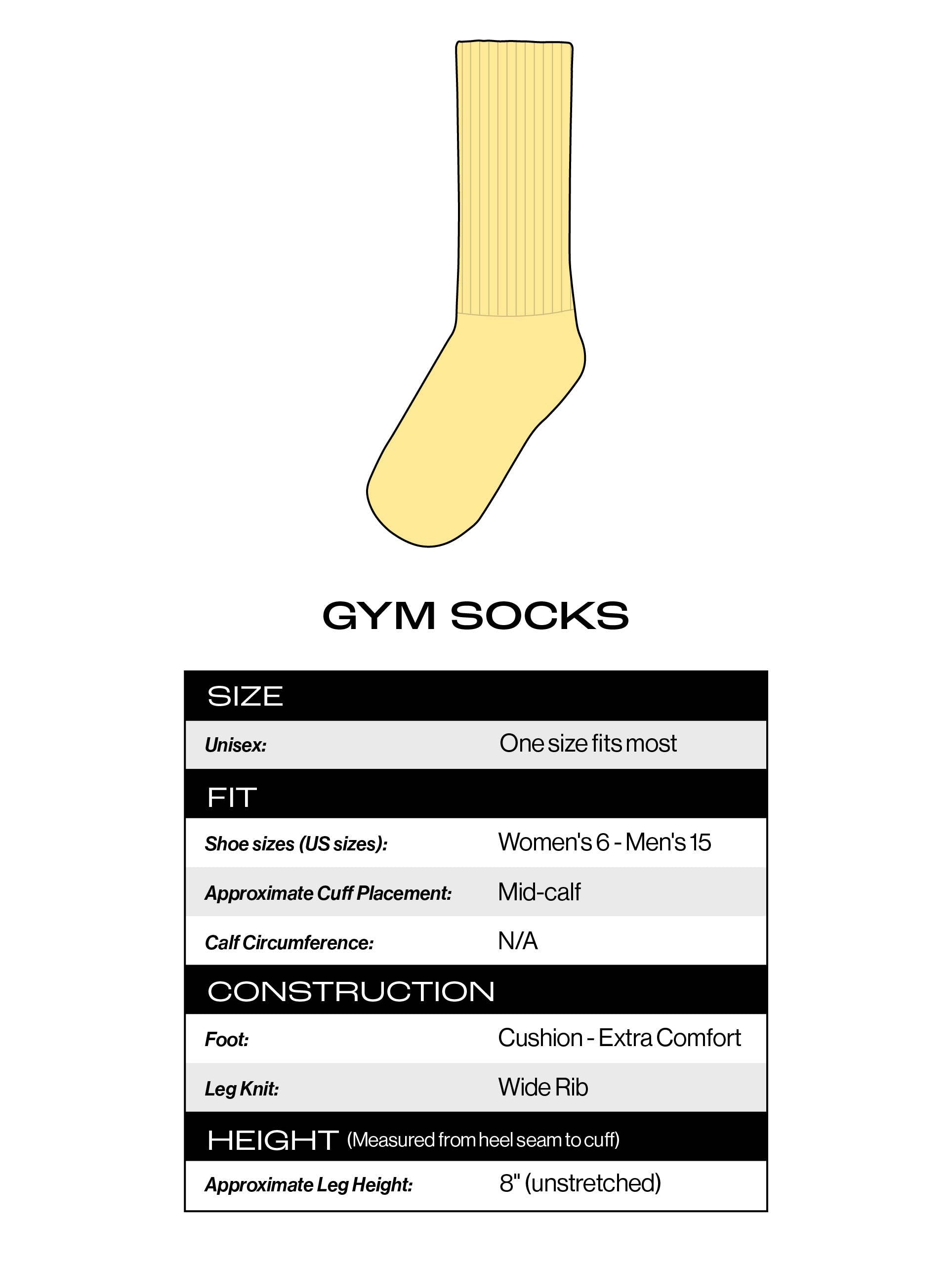 Yellow gym sock with size chart on a white background