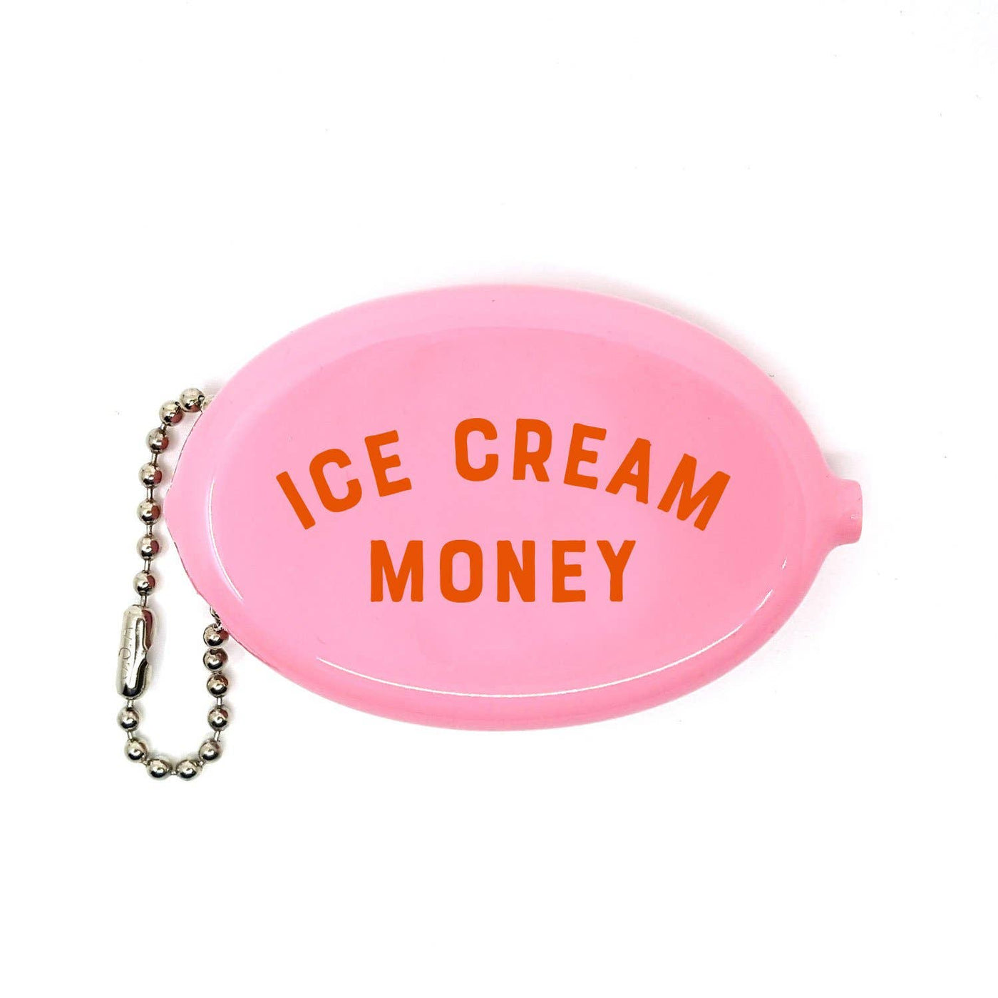Pink coin purse with 'ICE CREAM MONEY' text and metal chain on a white background
