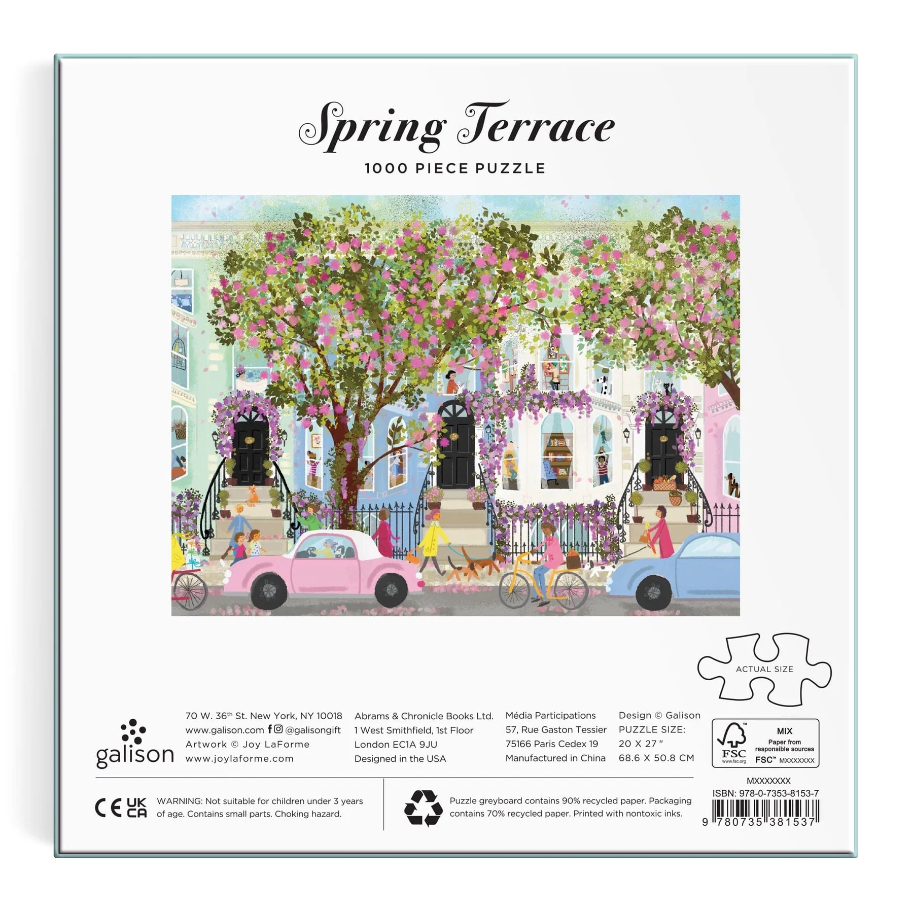 Puzzle box for 'Spring Terrace' 1000 piece puzzle by Galison with a colorful illustration of a street scene.