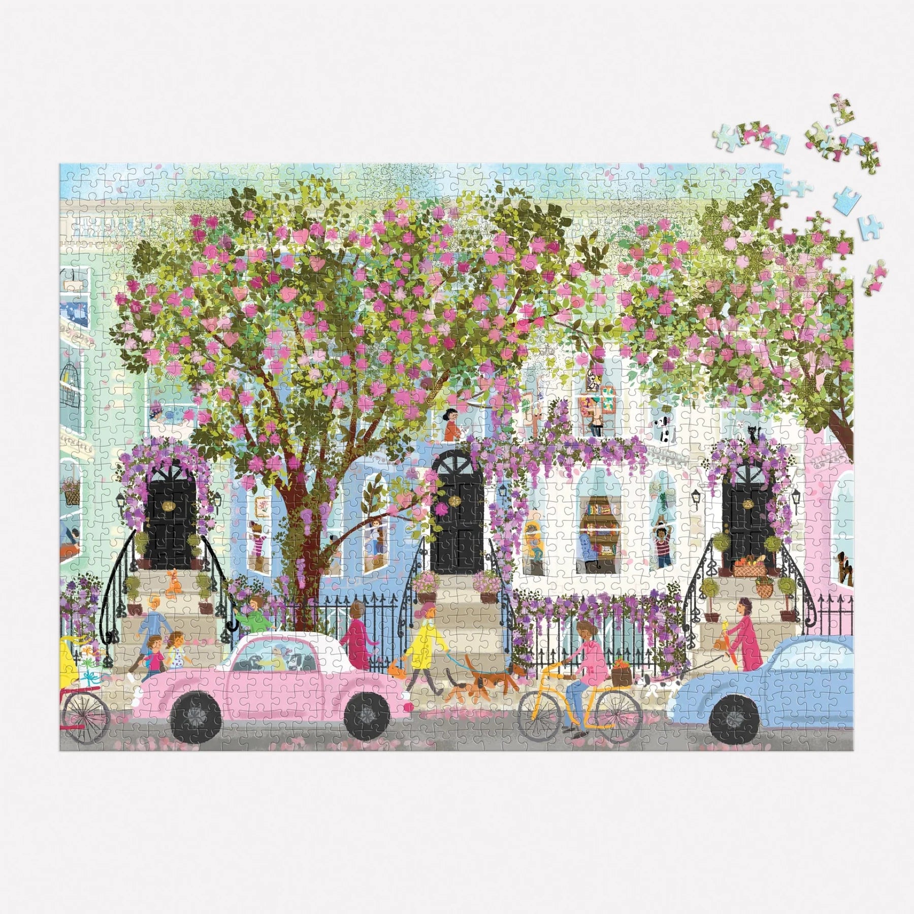 Illustration of a street scene with people, cars, and flowers in a decorative style.
