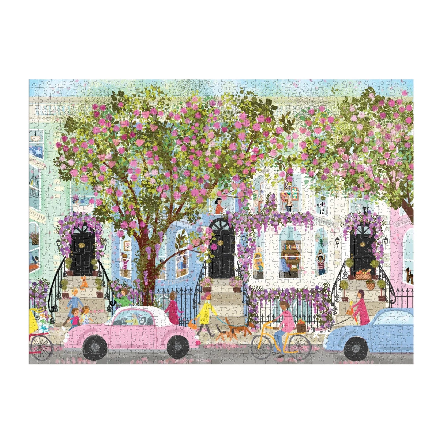 Illustration of a street scene with flowers, people, and cars on a white background