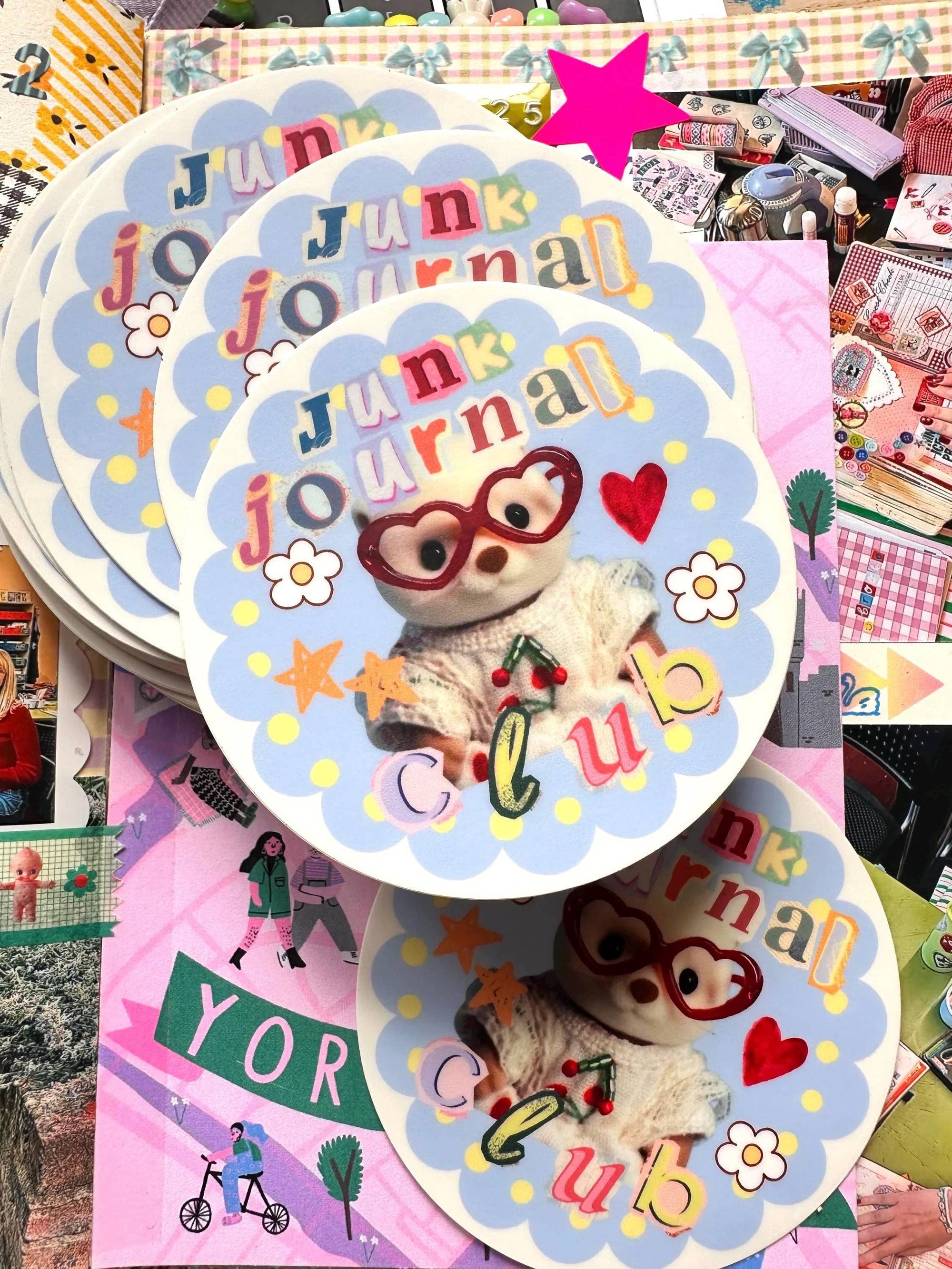 Colorful 'Junk Journal Club' stickers with owl design on a collage background