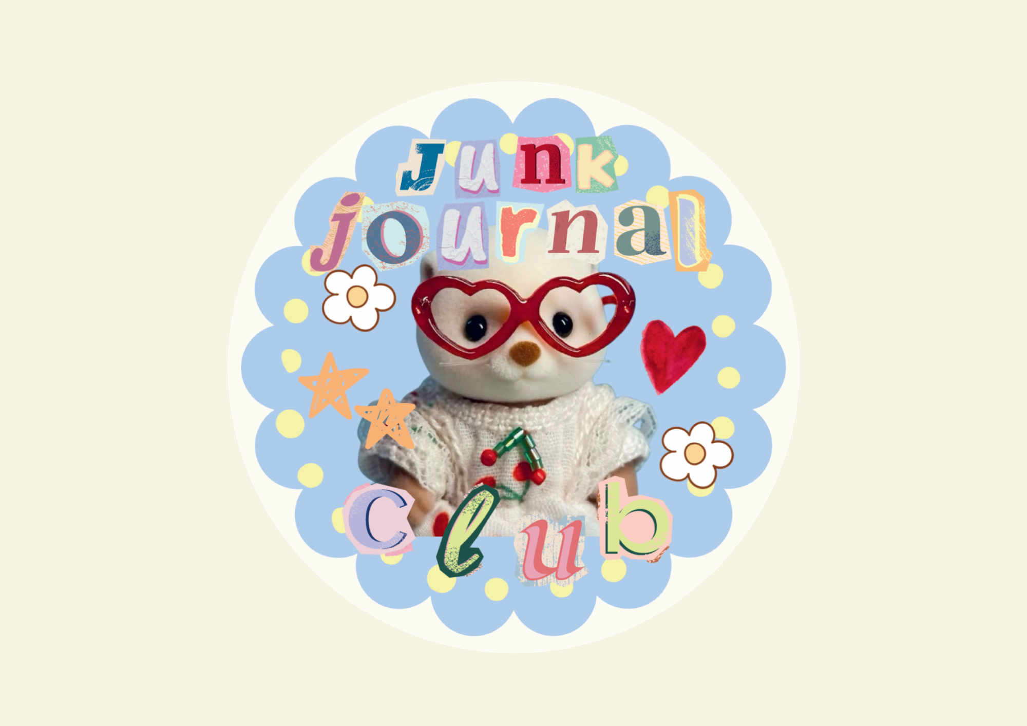 Stuffed animal with heart glasses surrounded by colorful text and graphics on a light background