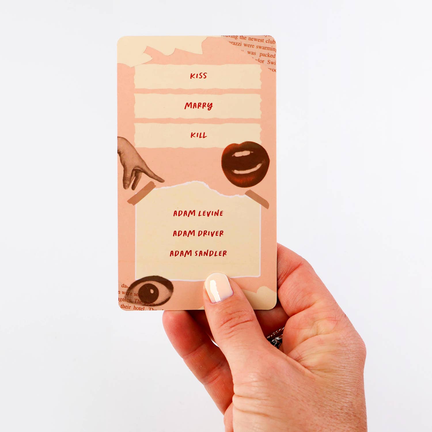 Hand holding a card with text and illustrations on a white background