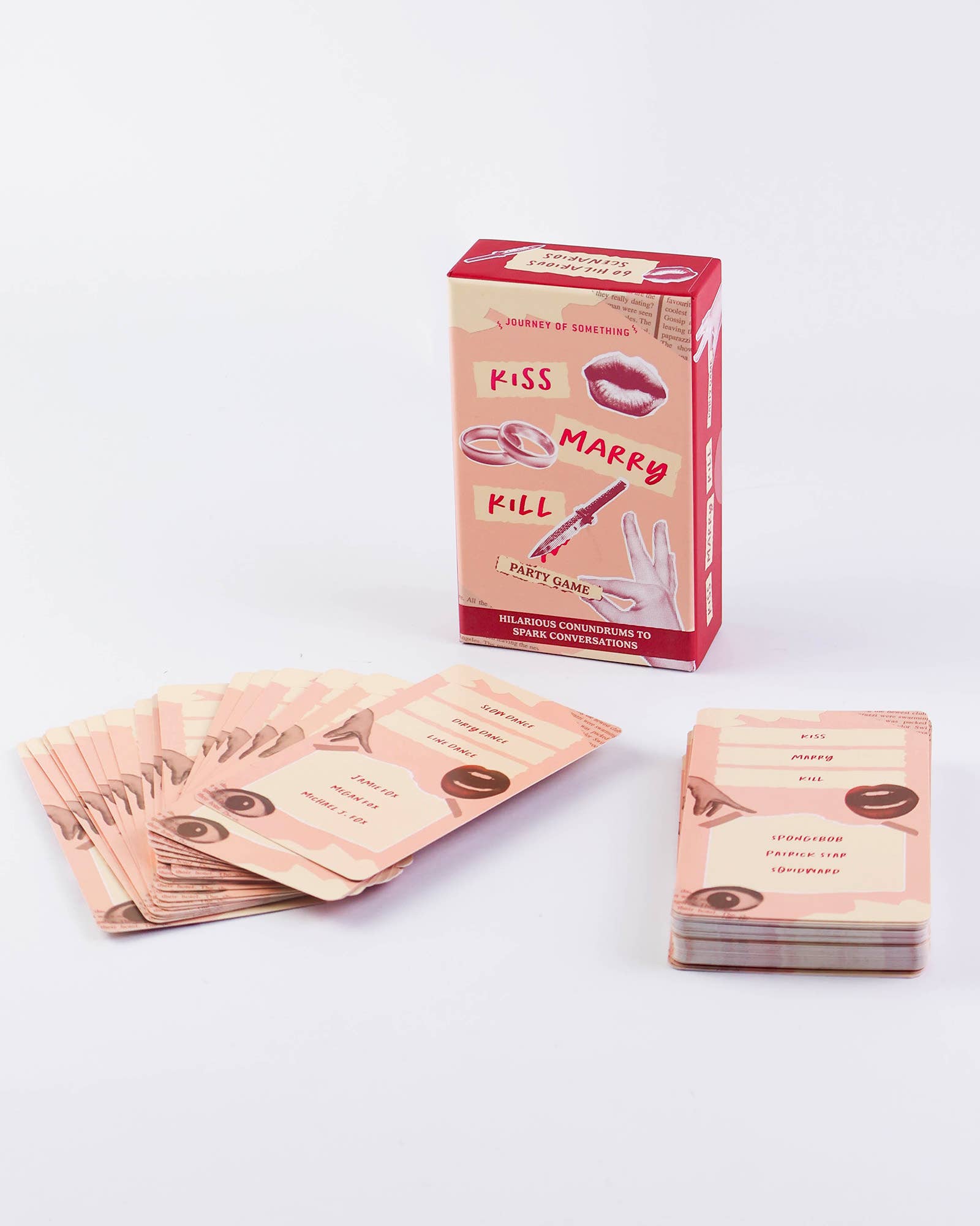 Kiss Marry Kill Cards party game pack with bold text and playful design