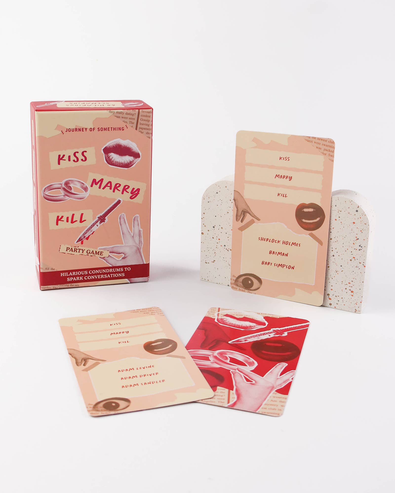 Party game packaging with cards and a box on a white background