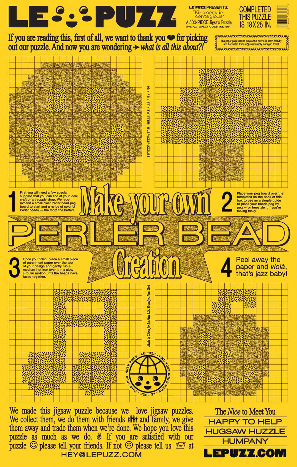 LE PUZZ puzzle packaging for making a Perler bead creation with yellow grid design and text.