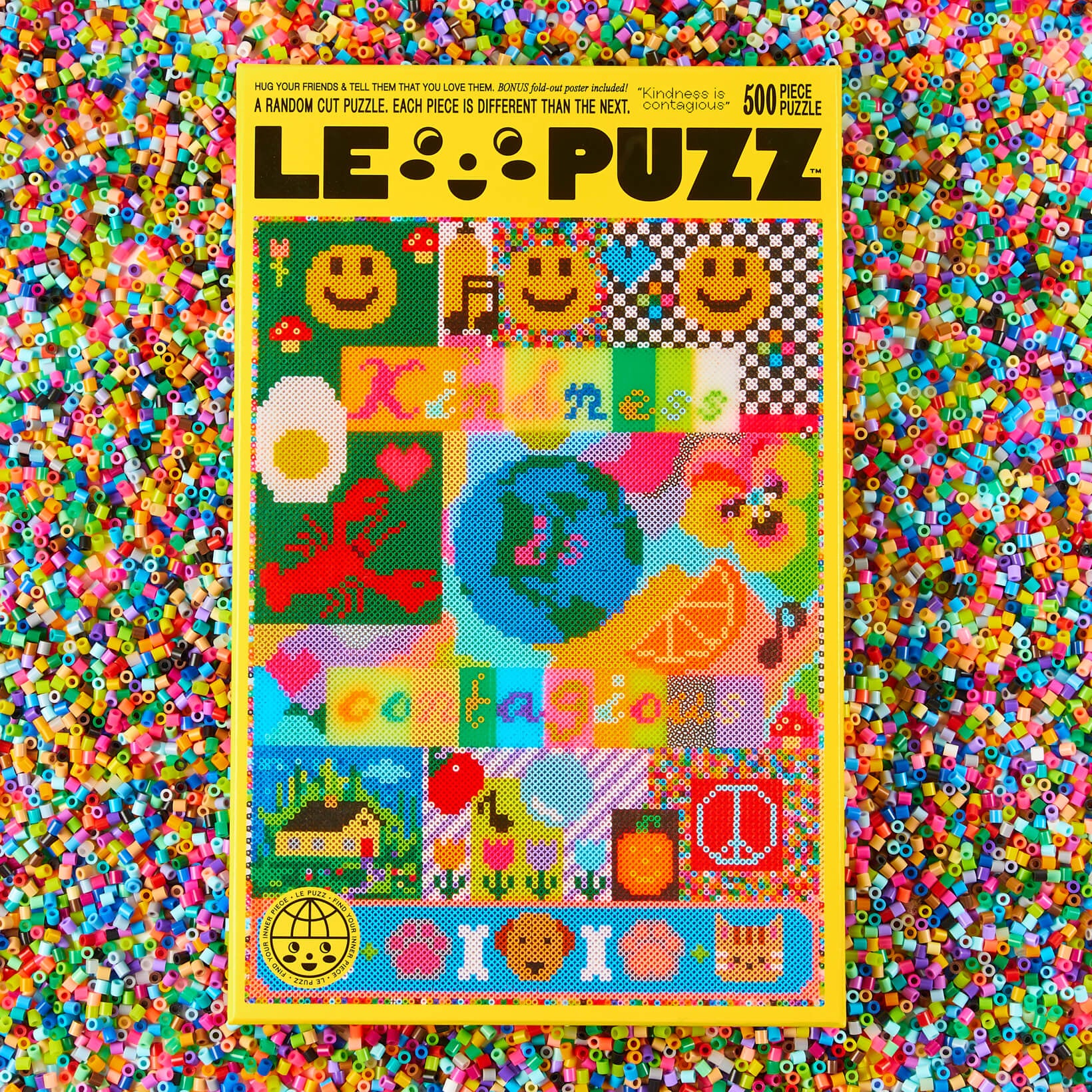 LE PUZZ puzzle packaging with colorful design on a bed of multicolored beads
