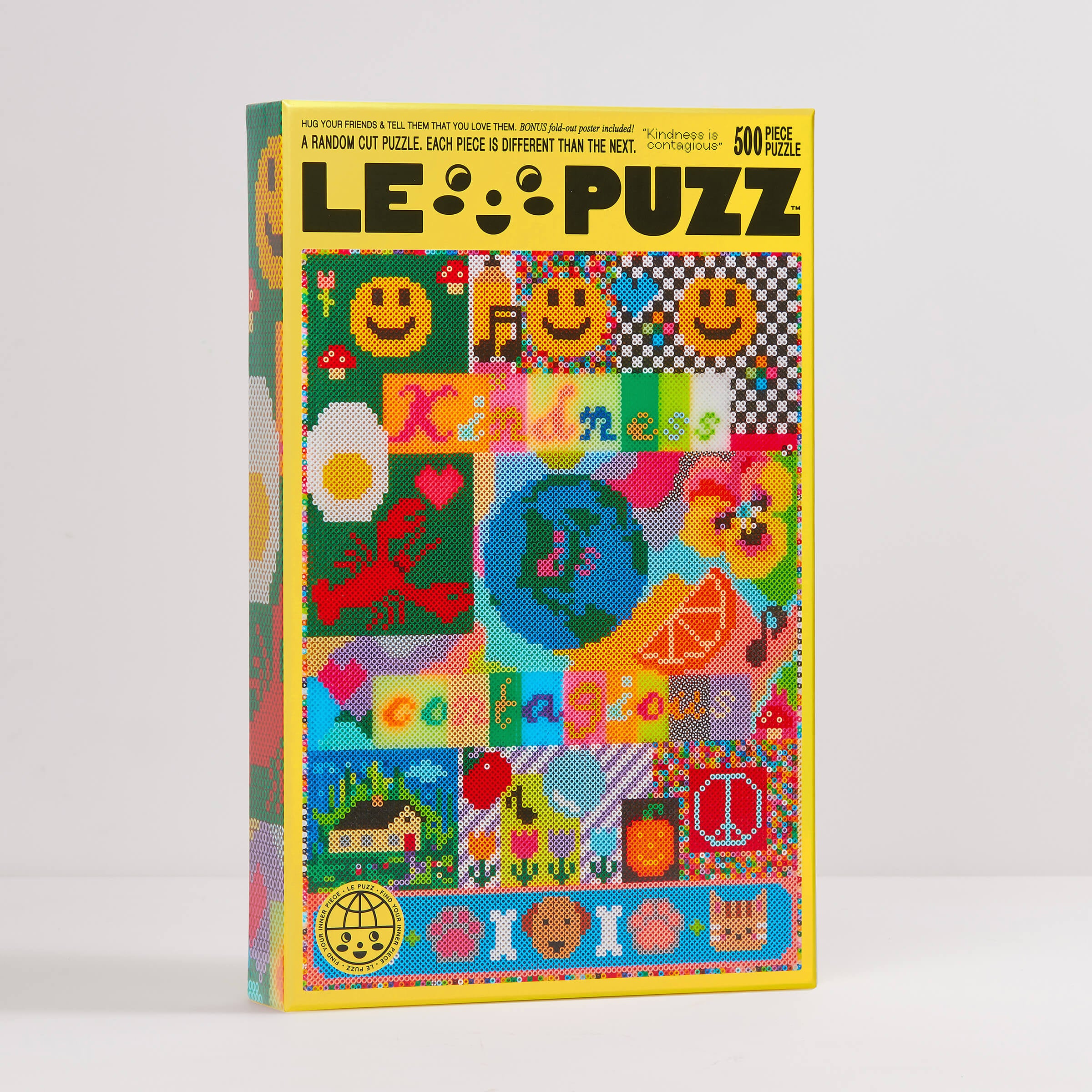 Colorful puzzle box with various designs and text on a white background