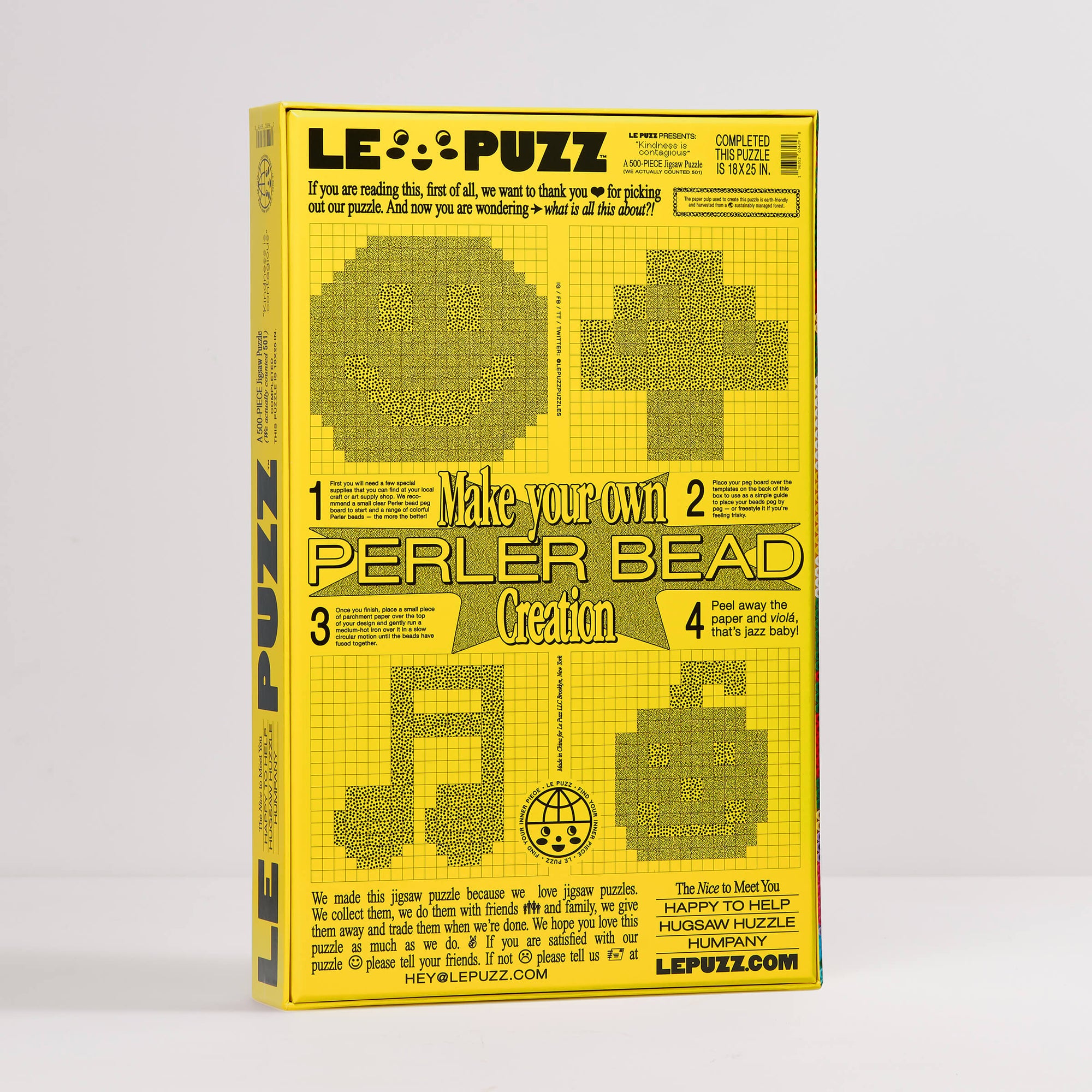 Yellow box of LePuzz with Perler Bead creation instructions on a white background