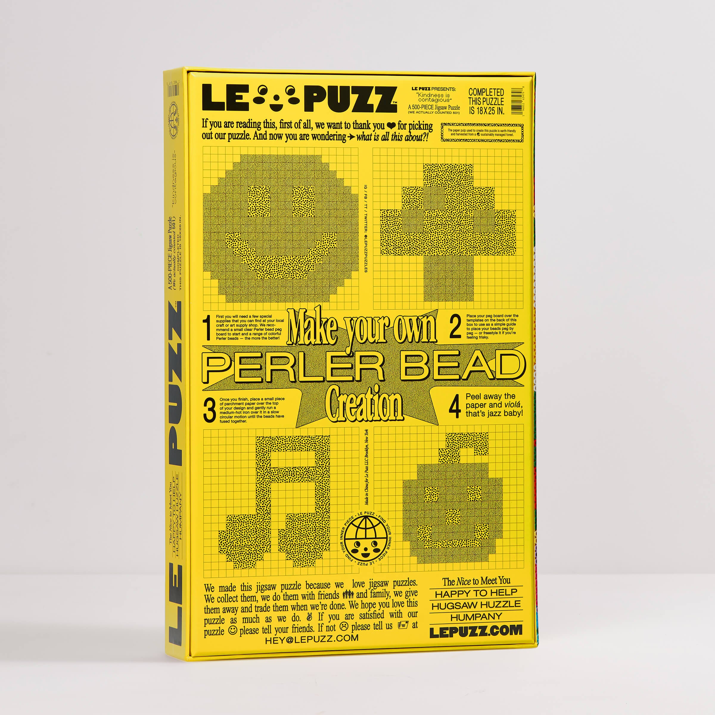 Yellow box of LePuzz with Perler Bead creation instructions on a white background
