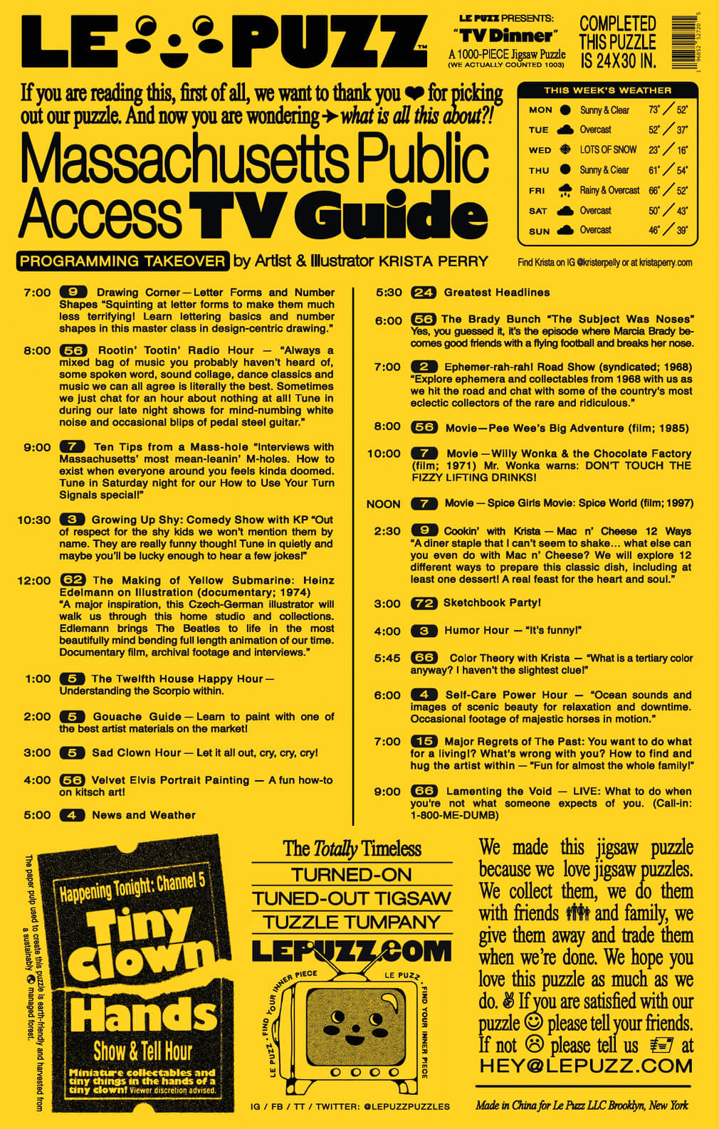 Massachusetts Public Access TV Guide with puzzle advertisement on yellow background