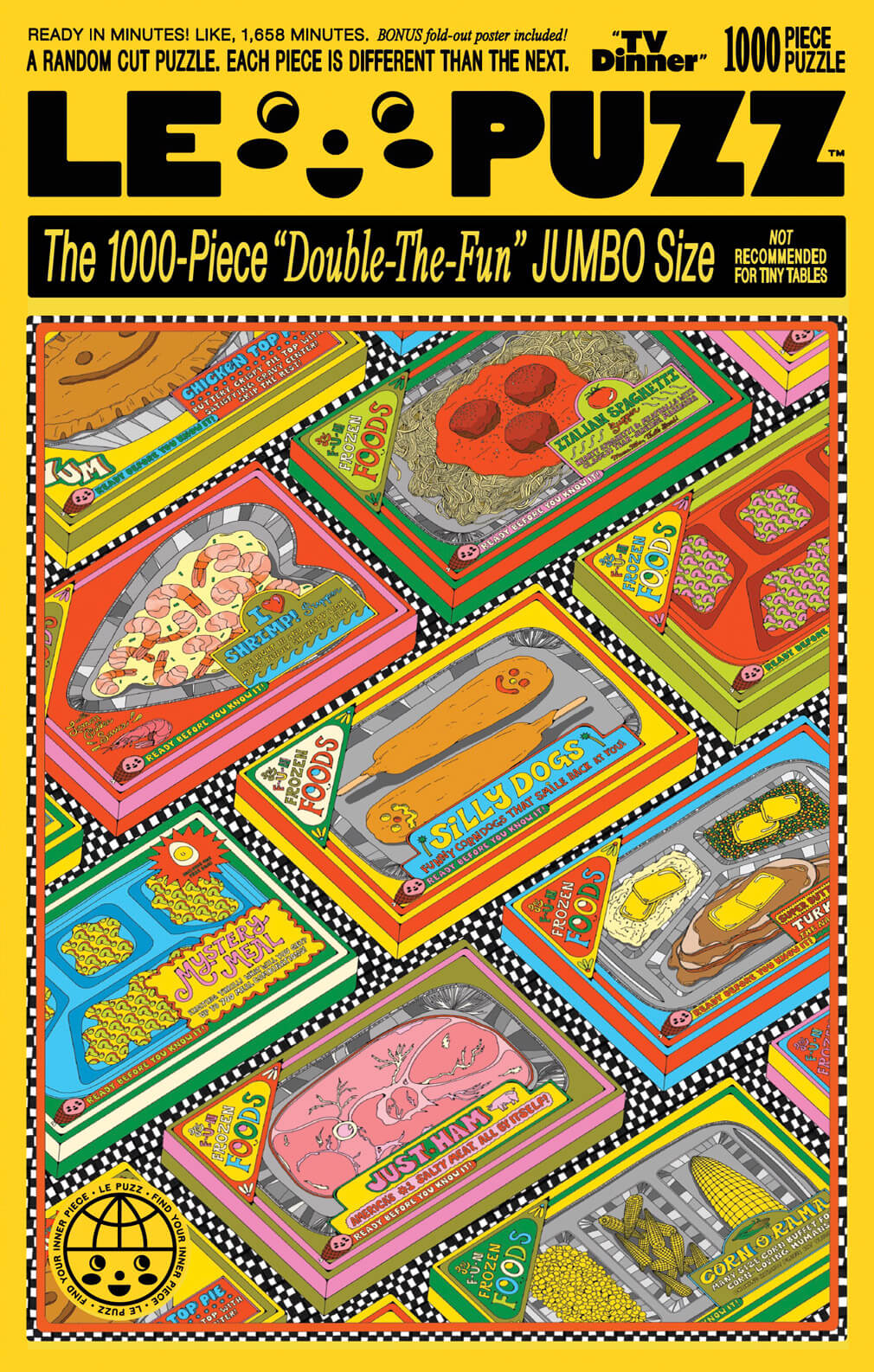 Le Puzz TV Dinner puzzle packaging with colorful illustrations of retro food packages.