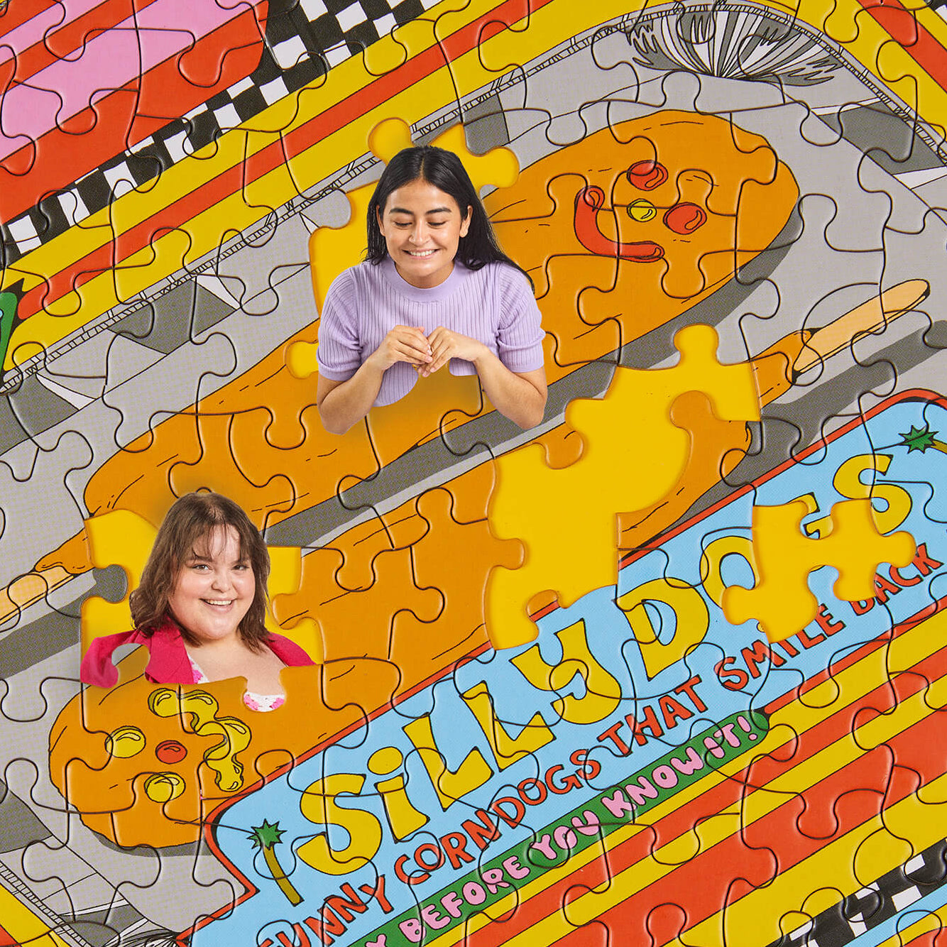 Two people working on a colorful puzzle with 'Silly Dogs' text