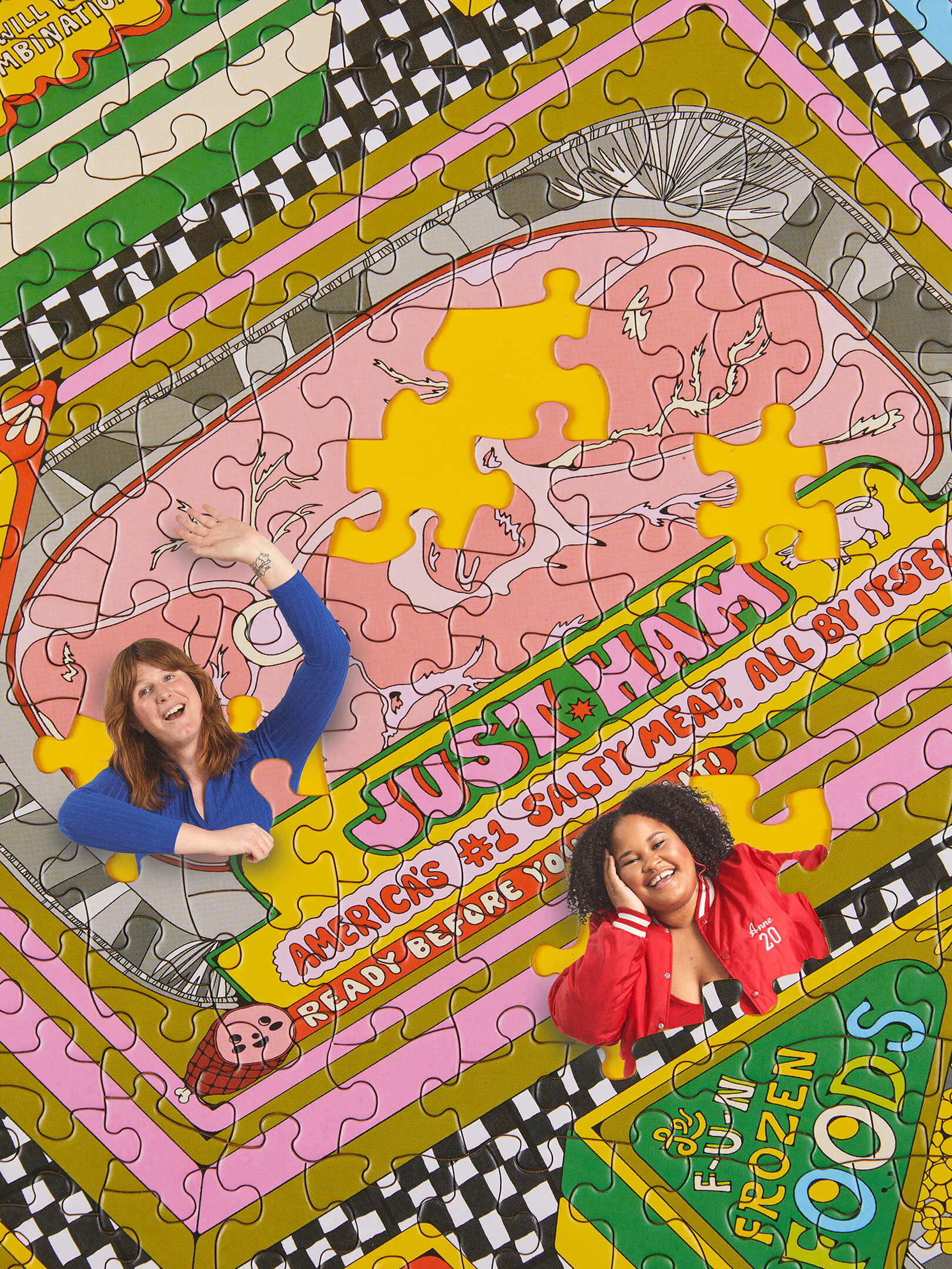 Jigsaw puzzle with a colorful design featuring two people and text, partially completed.