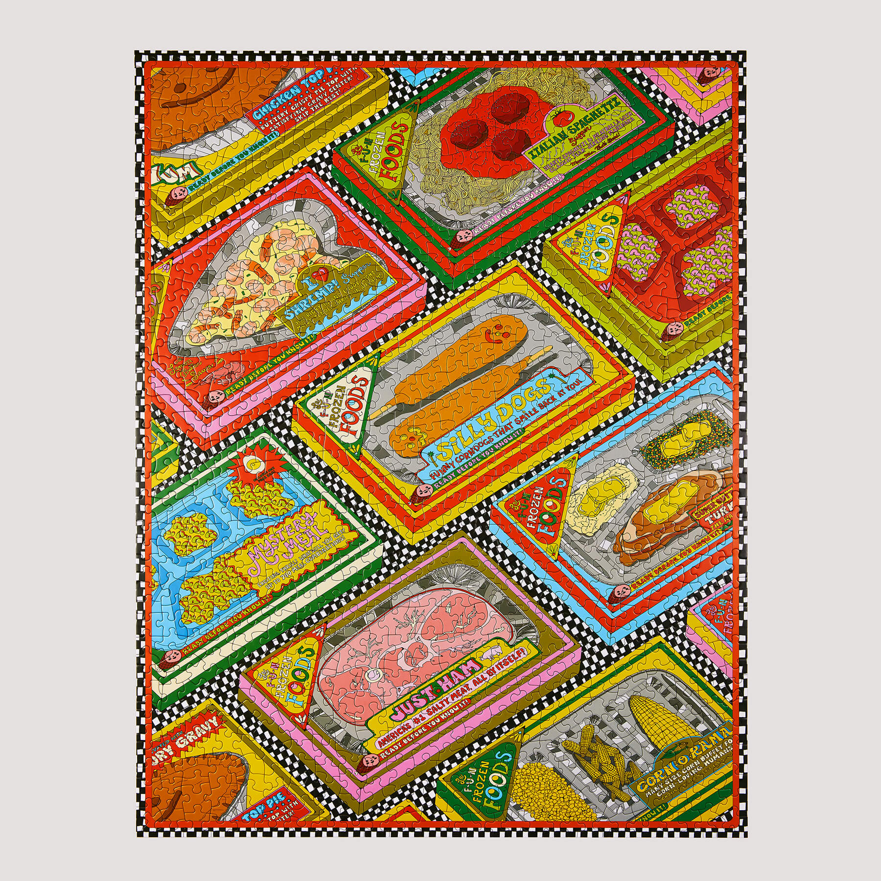 Colorful pattern of vintage food packaging on a white background