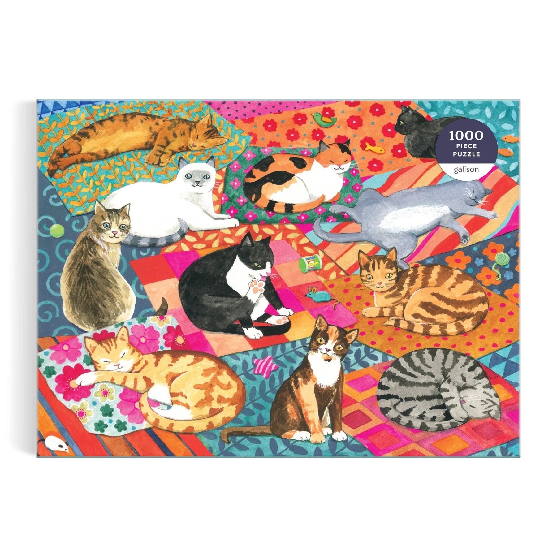 Gibsons 1000 piece puzzle packaging with cats on a colorful blanket design.