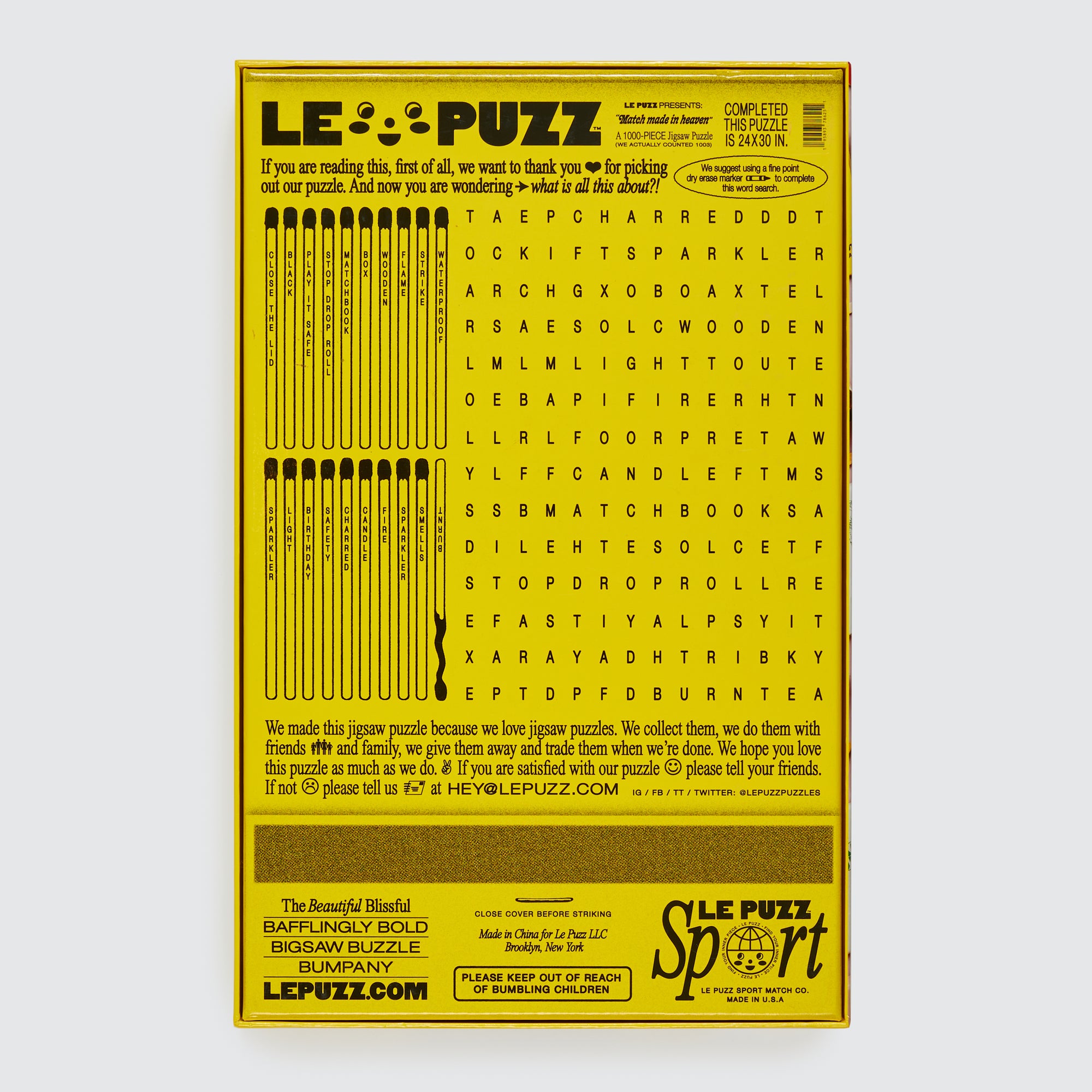 Le Puzz Match Made in Heaven 1000-piece puzzle box back – yellow with word search activity