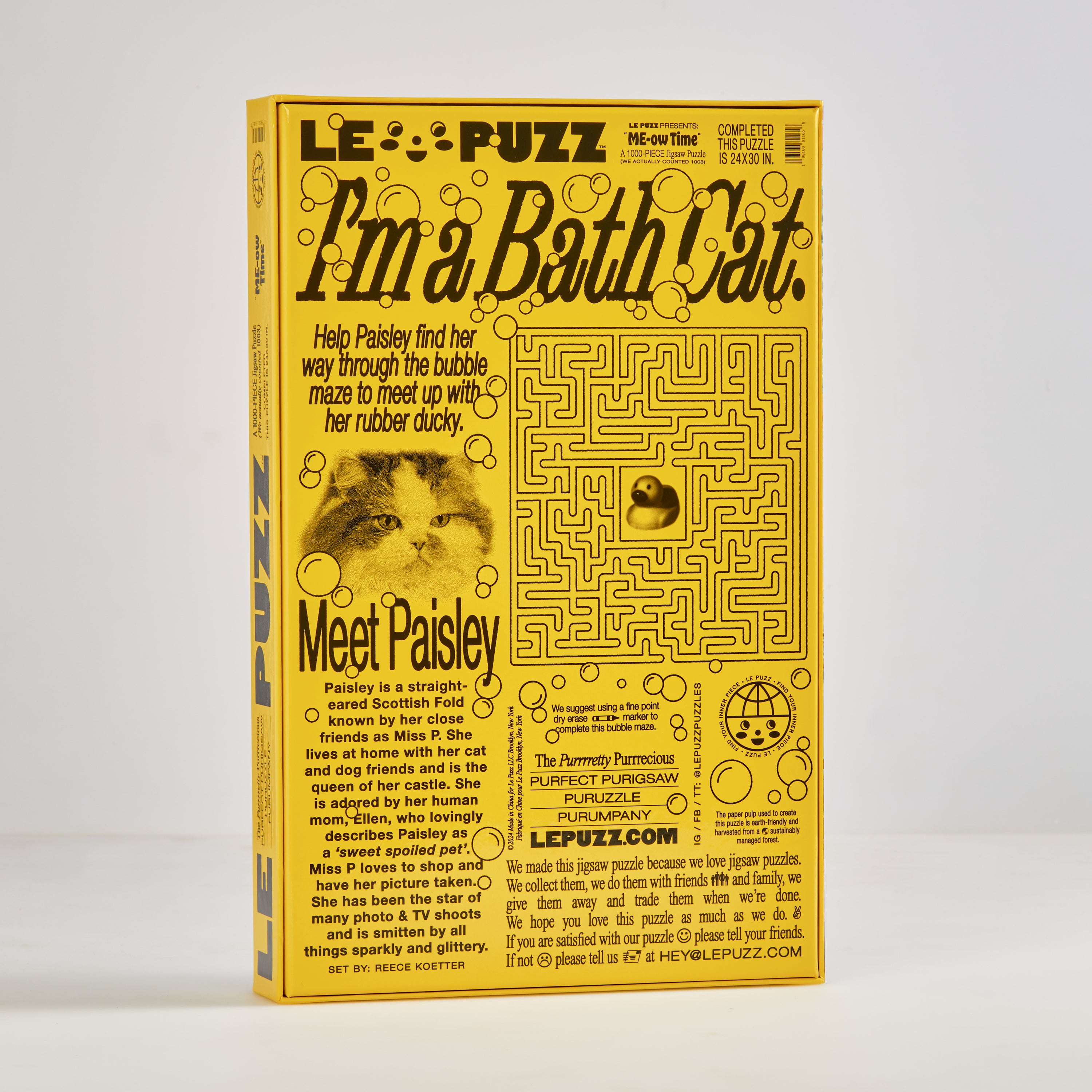 Le Puzz ME-ow Time puzzle box back with I'm a Bath Cat text, Paisley the cat, and a bubble maze activity