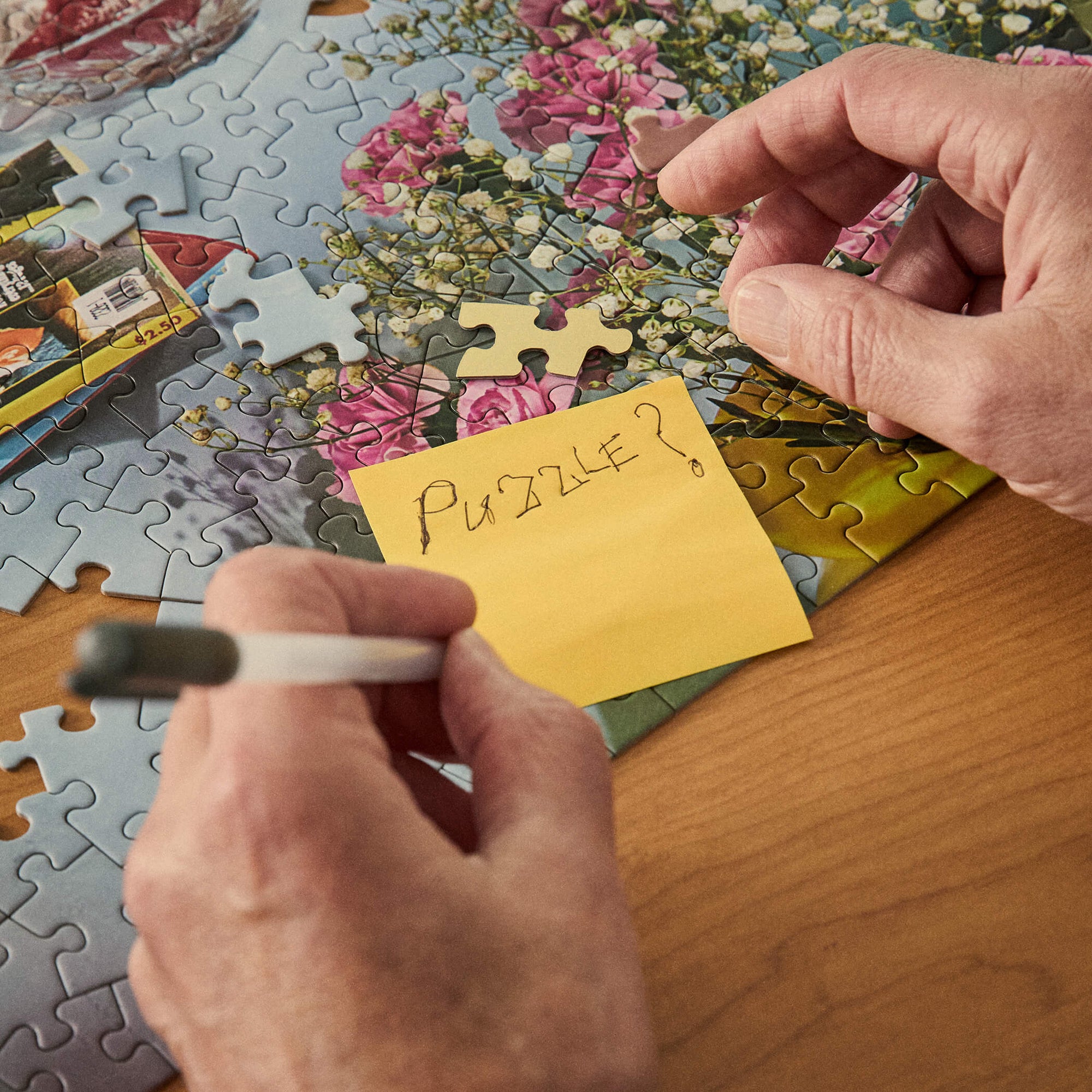 Close-up of Le Puzz ME-ow Time puzzle pieces being assembled, showing the cat and bathroom scene detail
