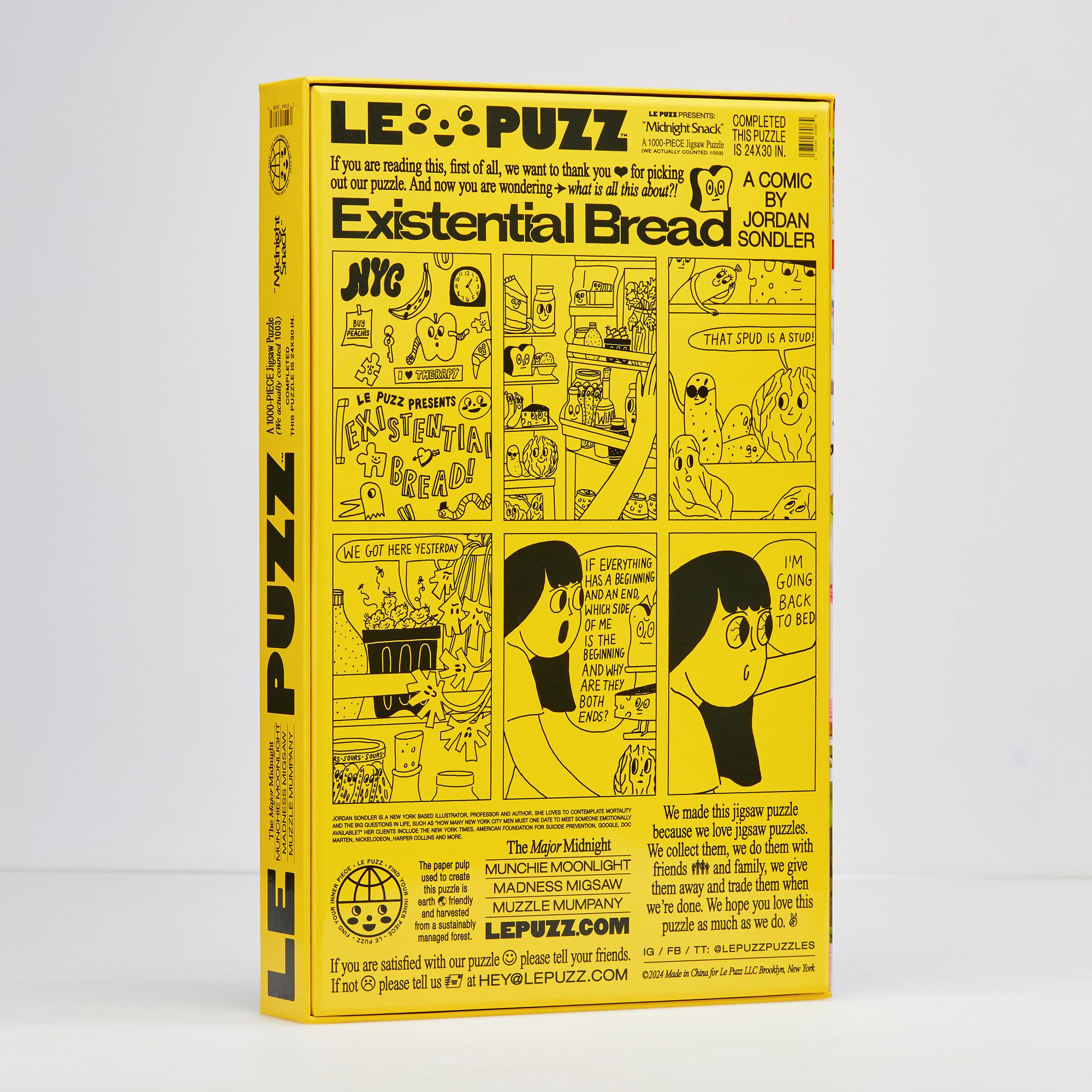 Le Puzz Midnight Snack puzzle box back showing a midnight snack-themed word search game on a yellow background