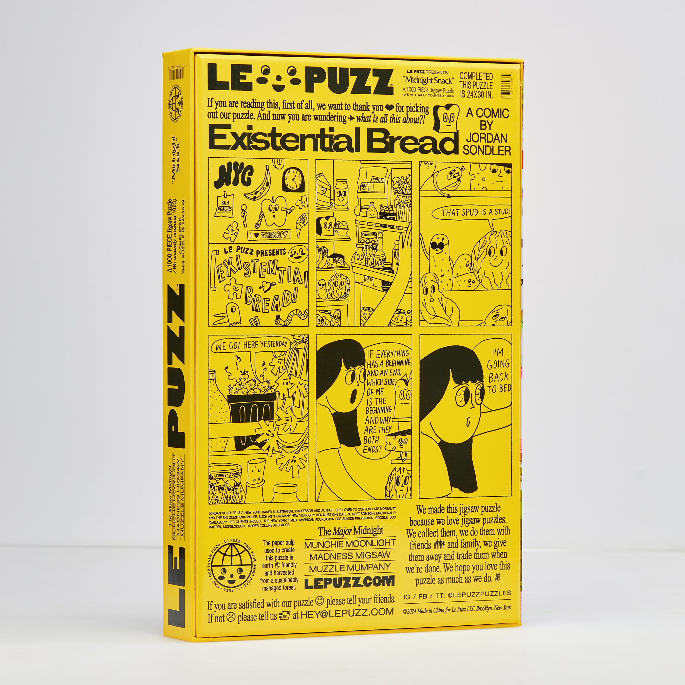 Le Puzz Midnight Snack puzzle box back showing a midnight snack-themed word search game on a yellow background