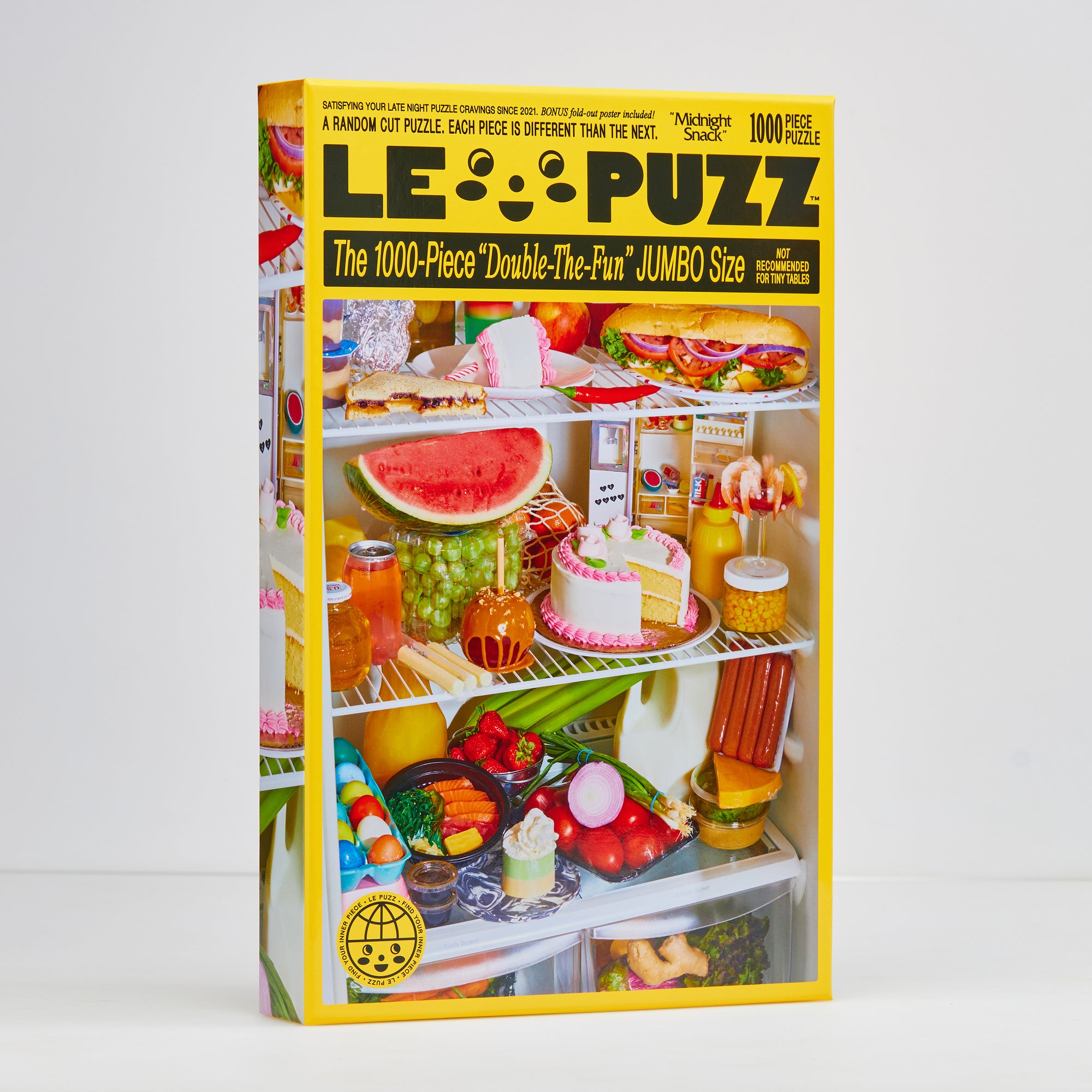 Le Puzz Midnight Snack 1000-piece jigsaw puzzle box front showing a colourful open fridge packed with food, illustrated by Jordan Sondler