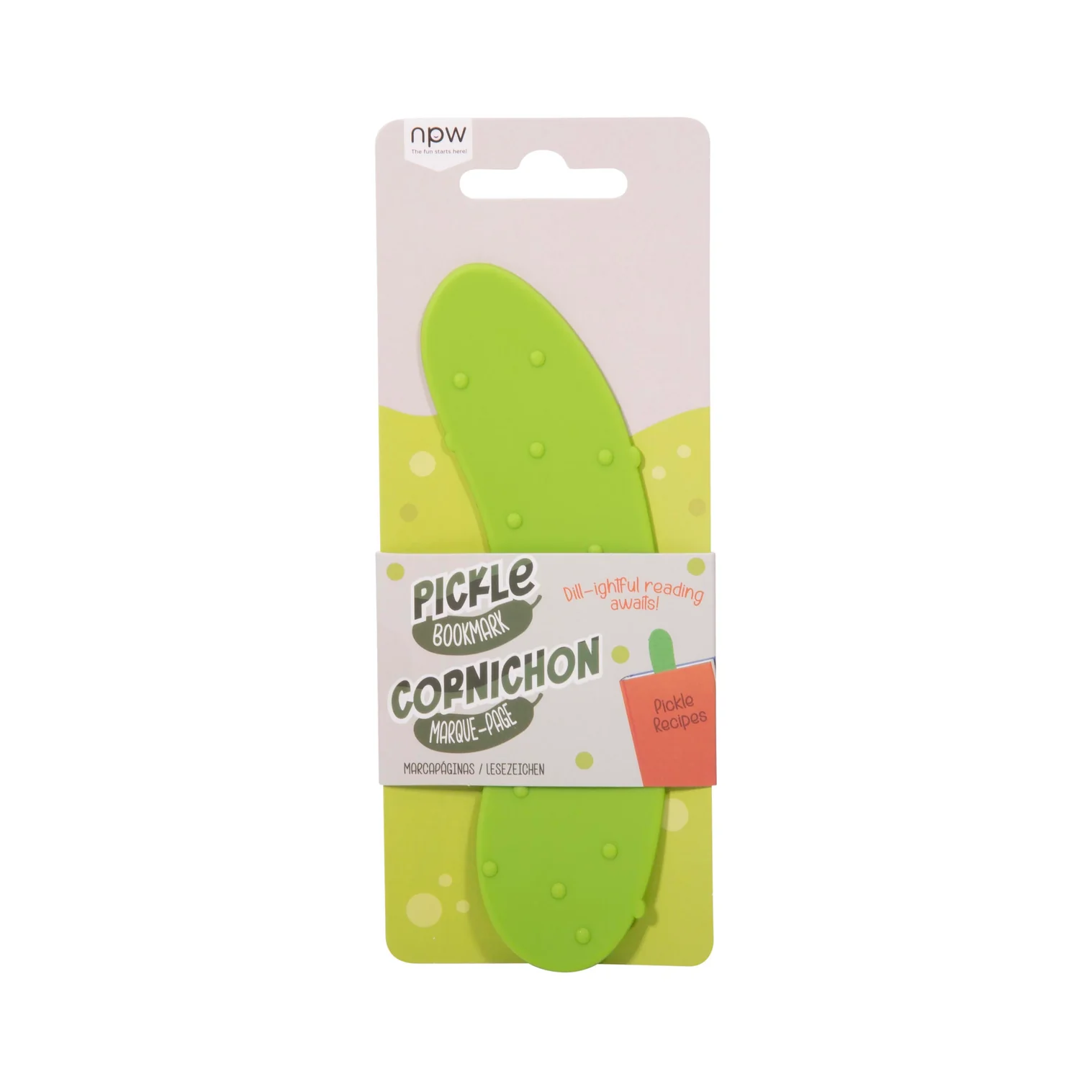 Green cornichon-shaped bookmark with packaging on a white background